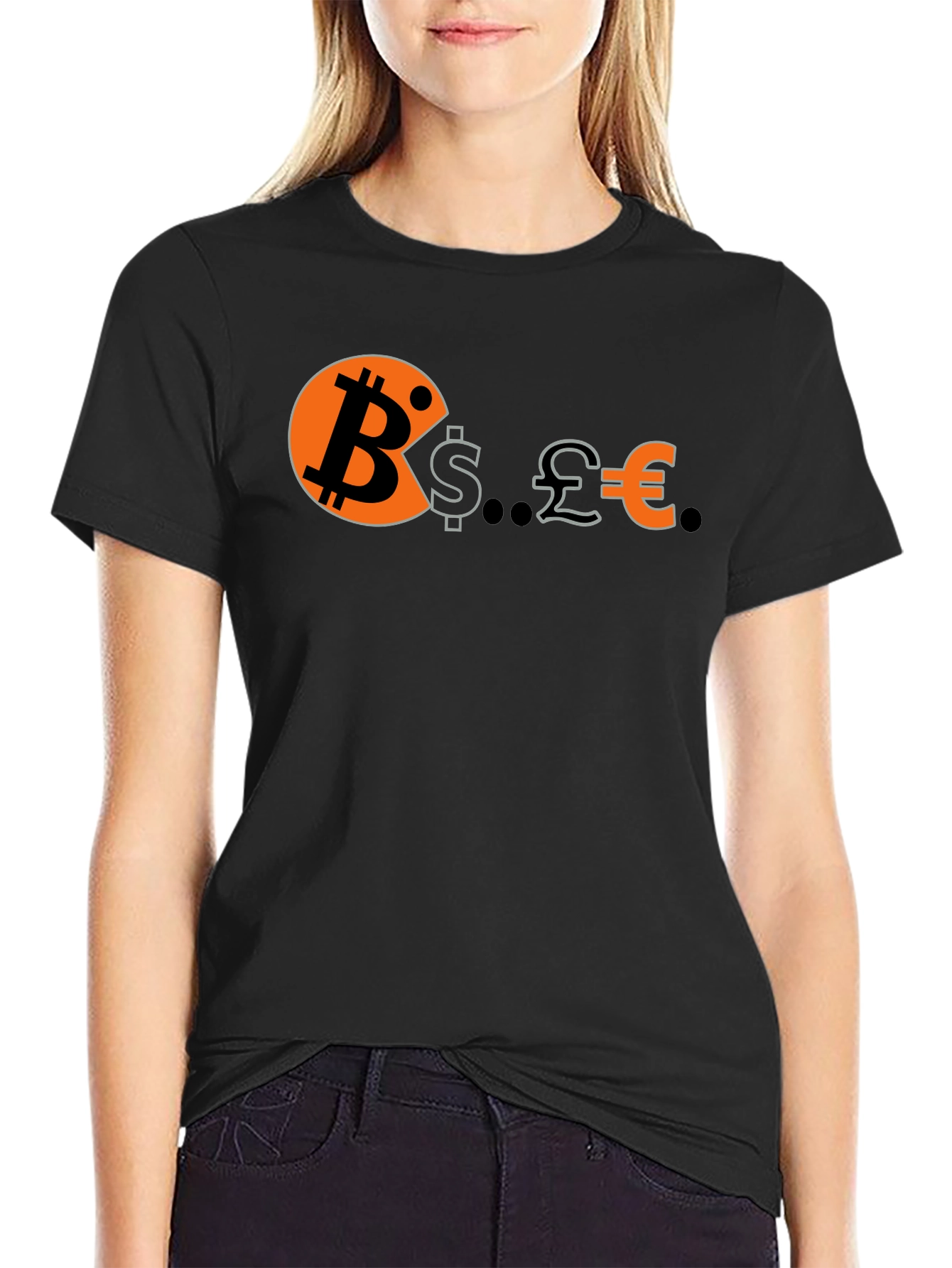 Bitcoin Eats Dollars Pounds & Euros Funny Crypto T-Shirt