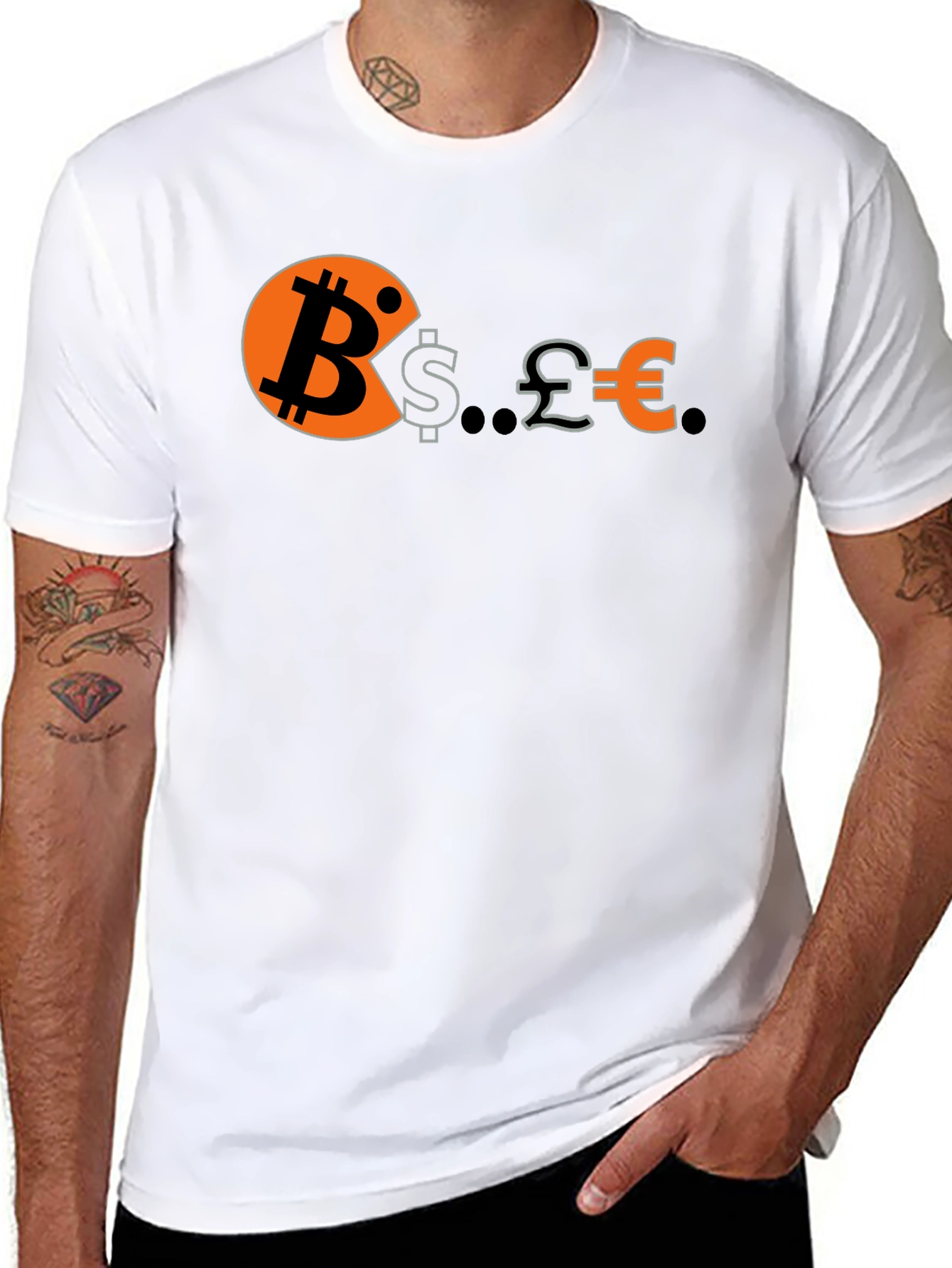 Bitcoin Eats Dollars Pounds & Euros Funny Crypto T-Shirt