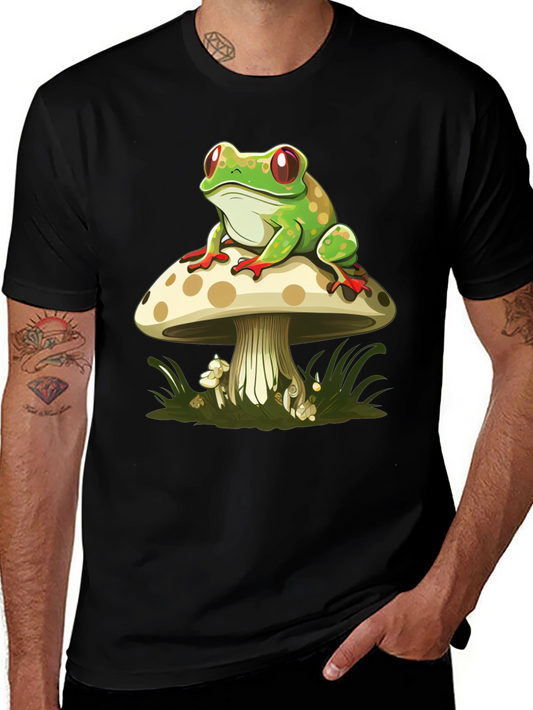 Frog on Mushroom Graphic Tee - Black