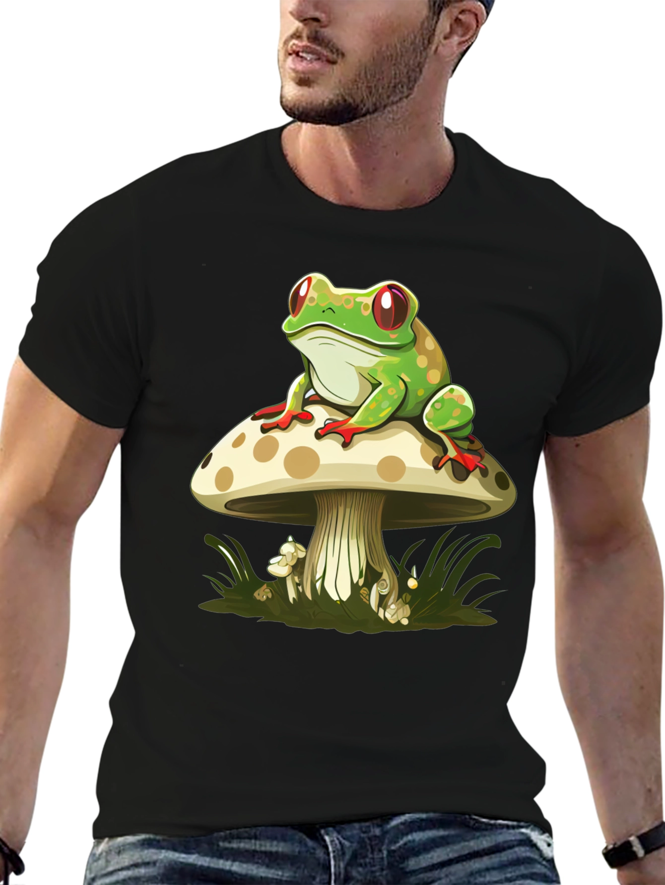 Frog on Mushroom Graphic Tee - Black