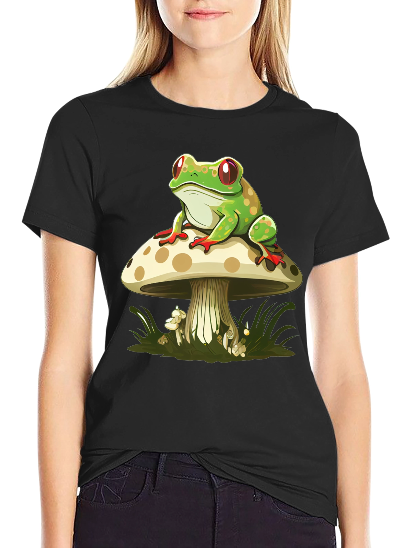 Frog on Mushroom Graphic Tee - Black