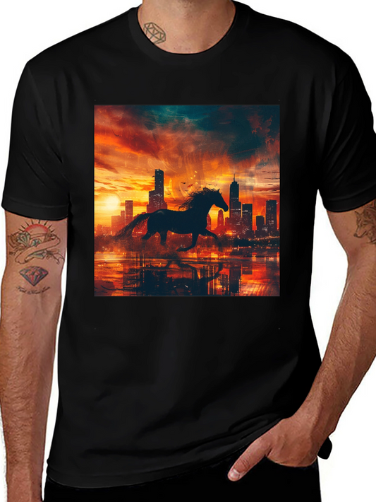 Horse in Cityscape Graphic Tee - Stylish Black T-Shirt