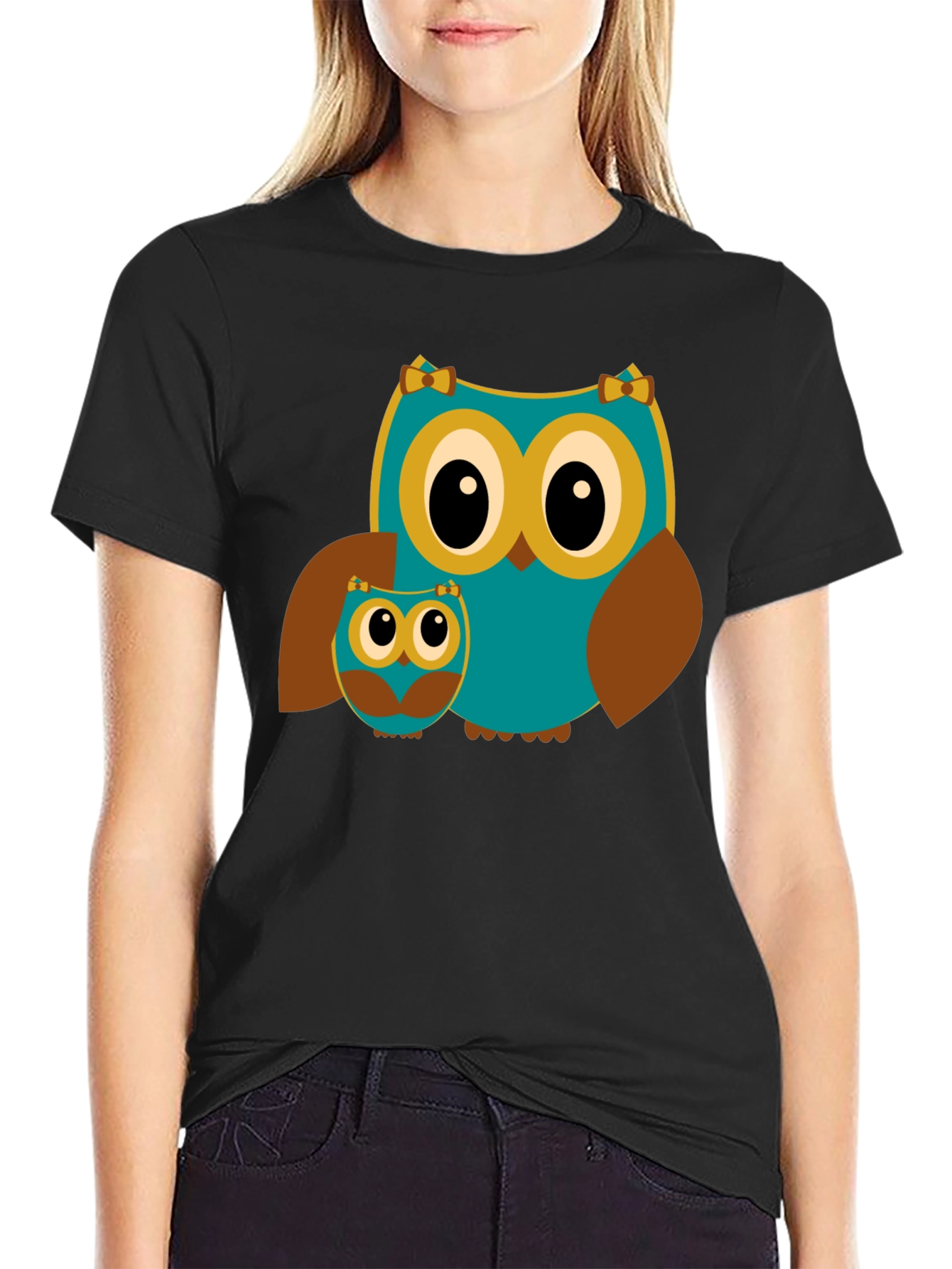 Owl Mom and Baby Black T-Shirt