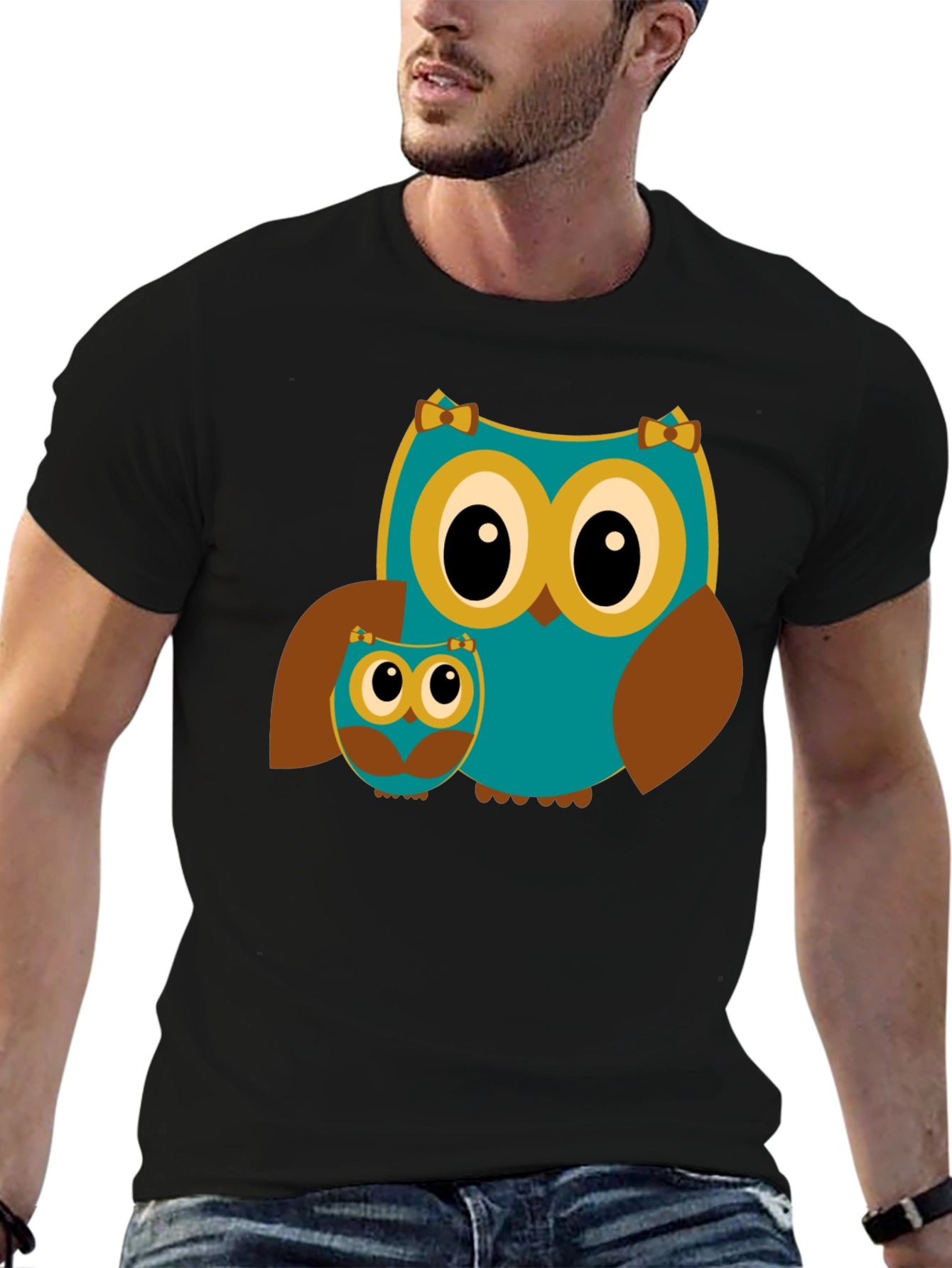 Owl Mom and Baby Black T-Shirt