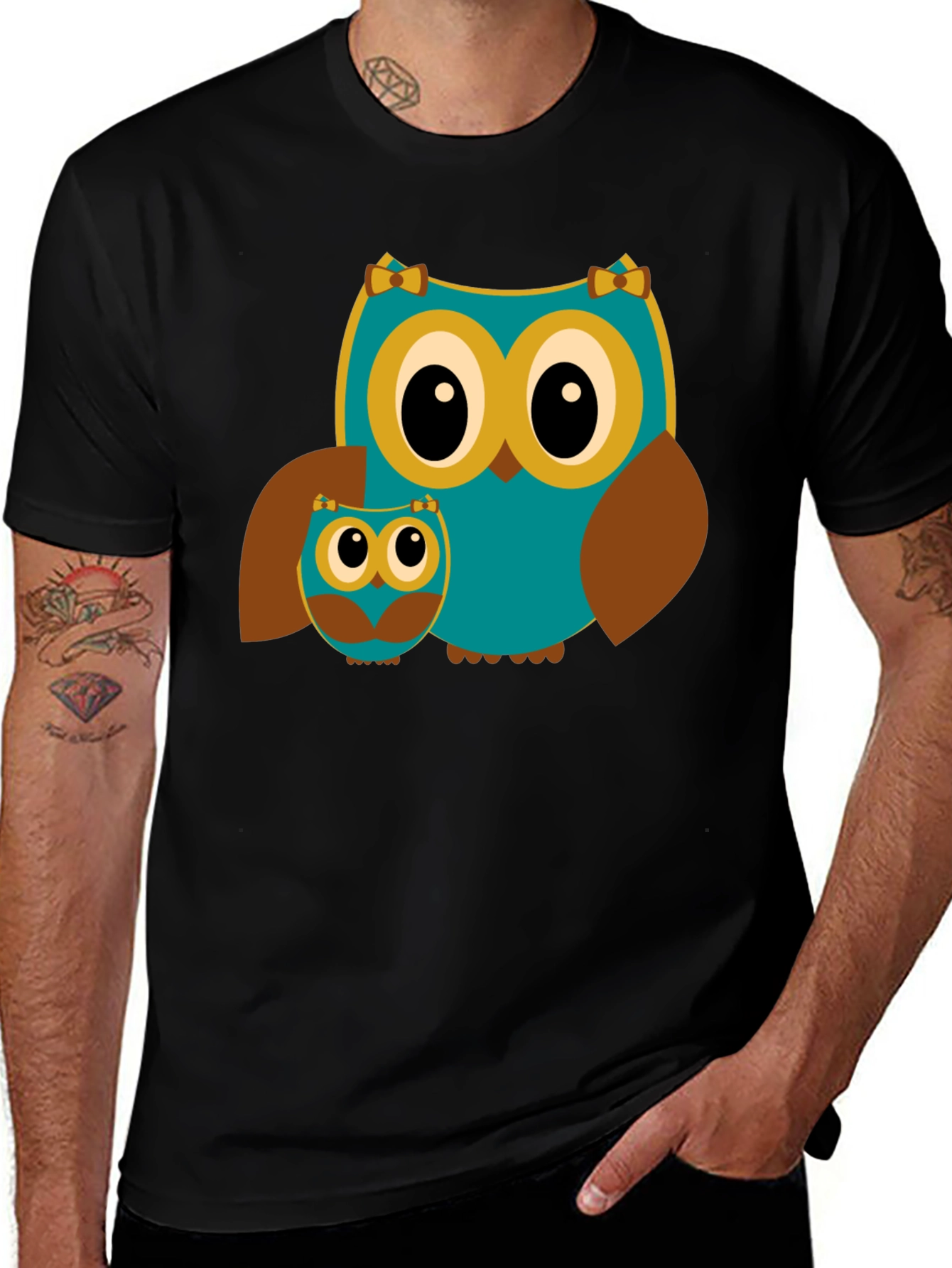 Owl Mom and Baby Black T-Shirt