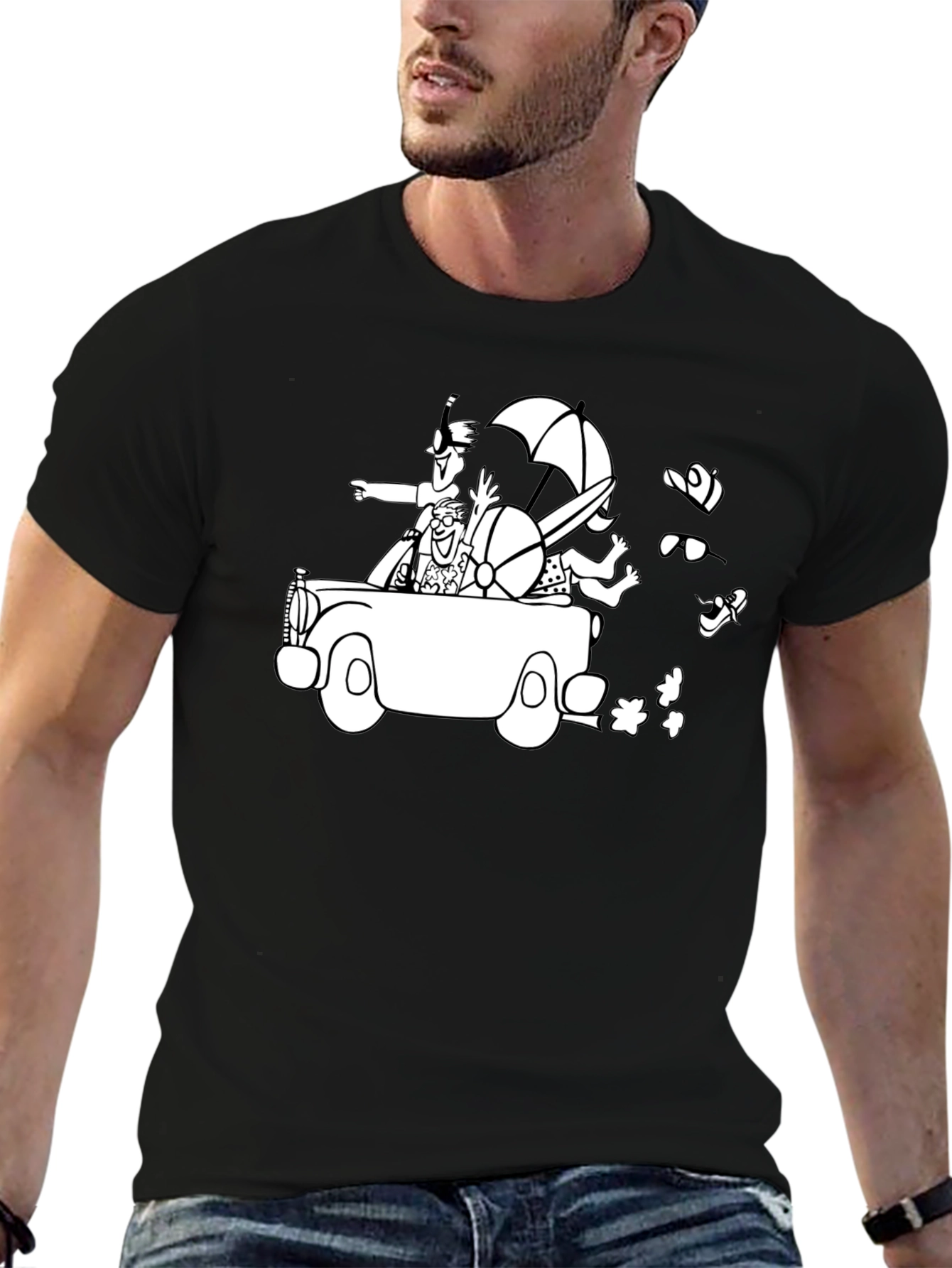 Cartoon Car T-Shirt - Black Cotton Crew Neck