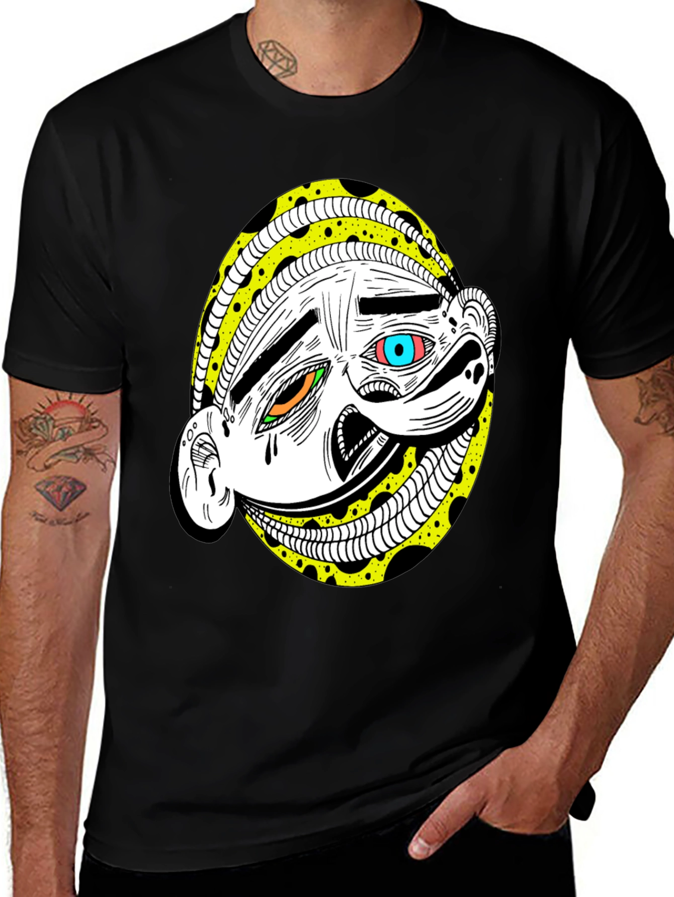 Abstract Cartoon Face Graphic Tee - Black