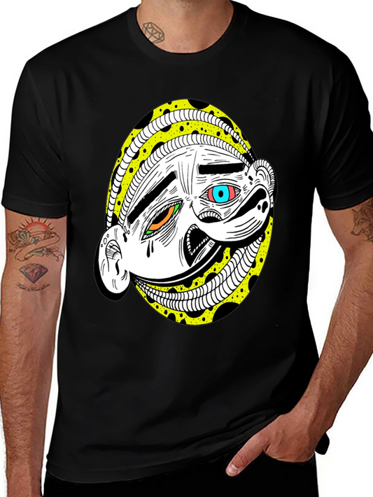Abstract Cartoon Face Graphic Tee - Black