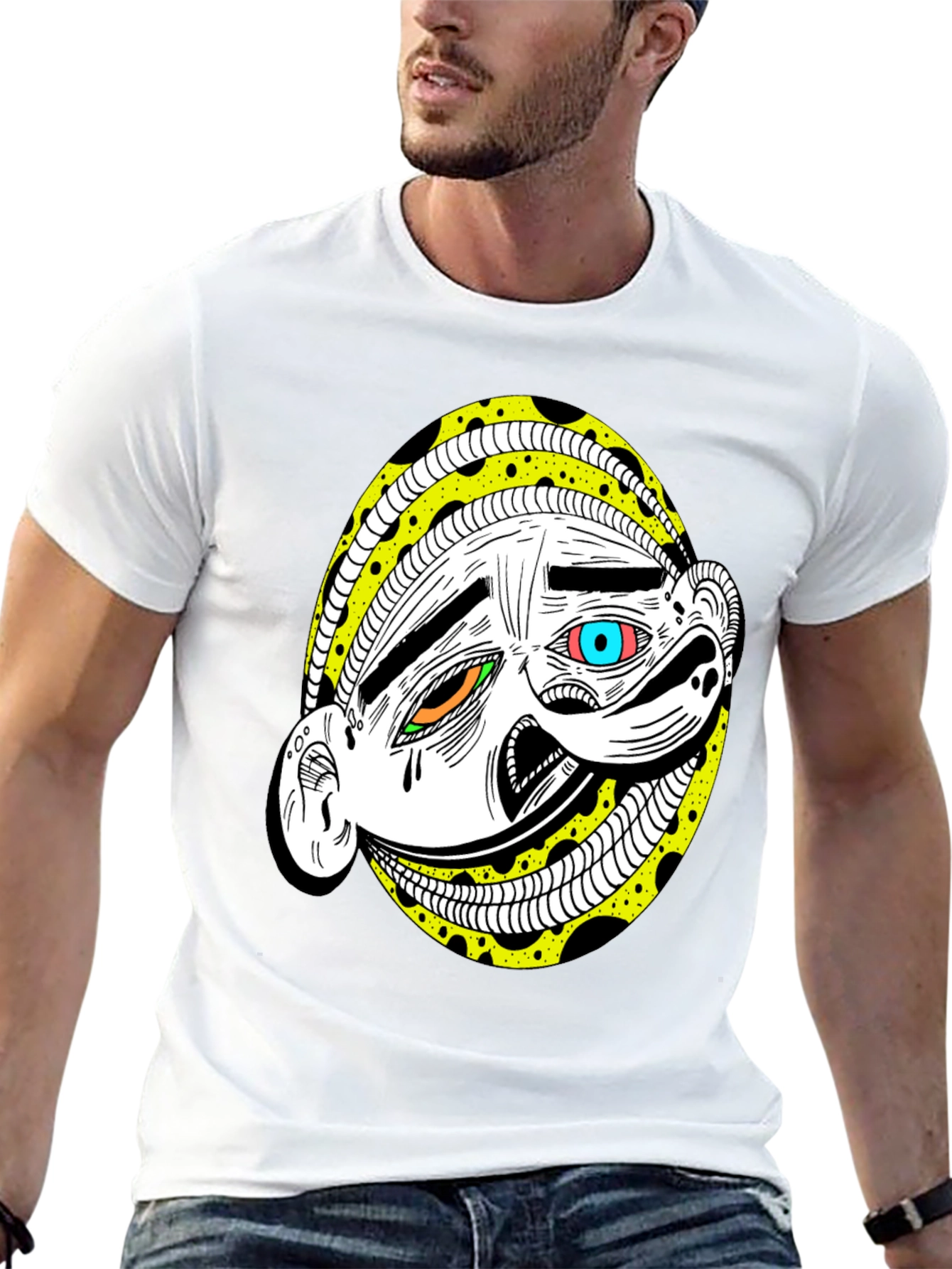 Abstract Cartoon Face Graphic Tee - Black