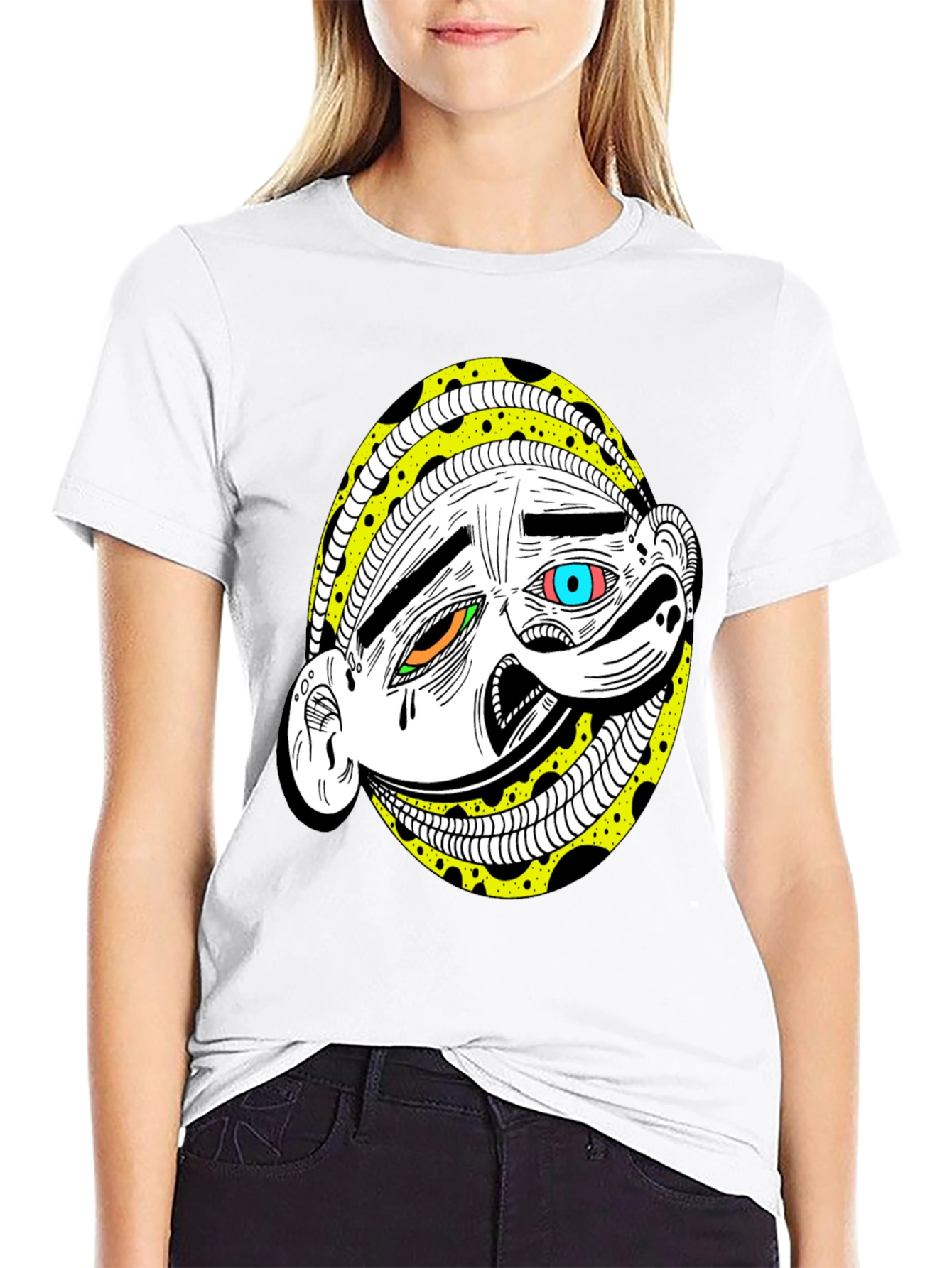 Abstract Cartoon Face Graphic Tee - Black