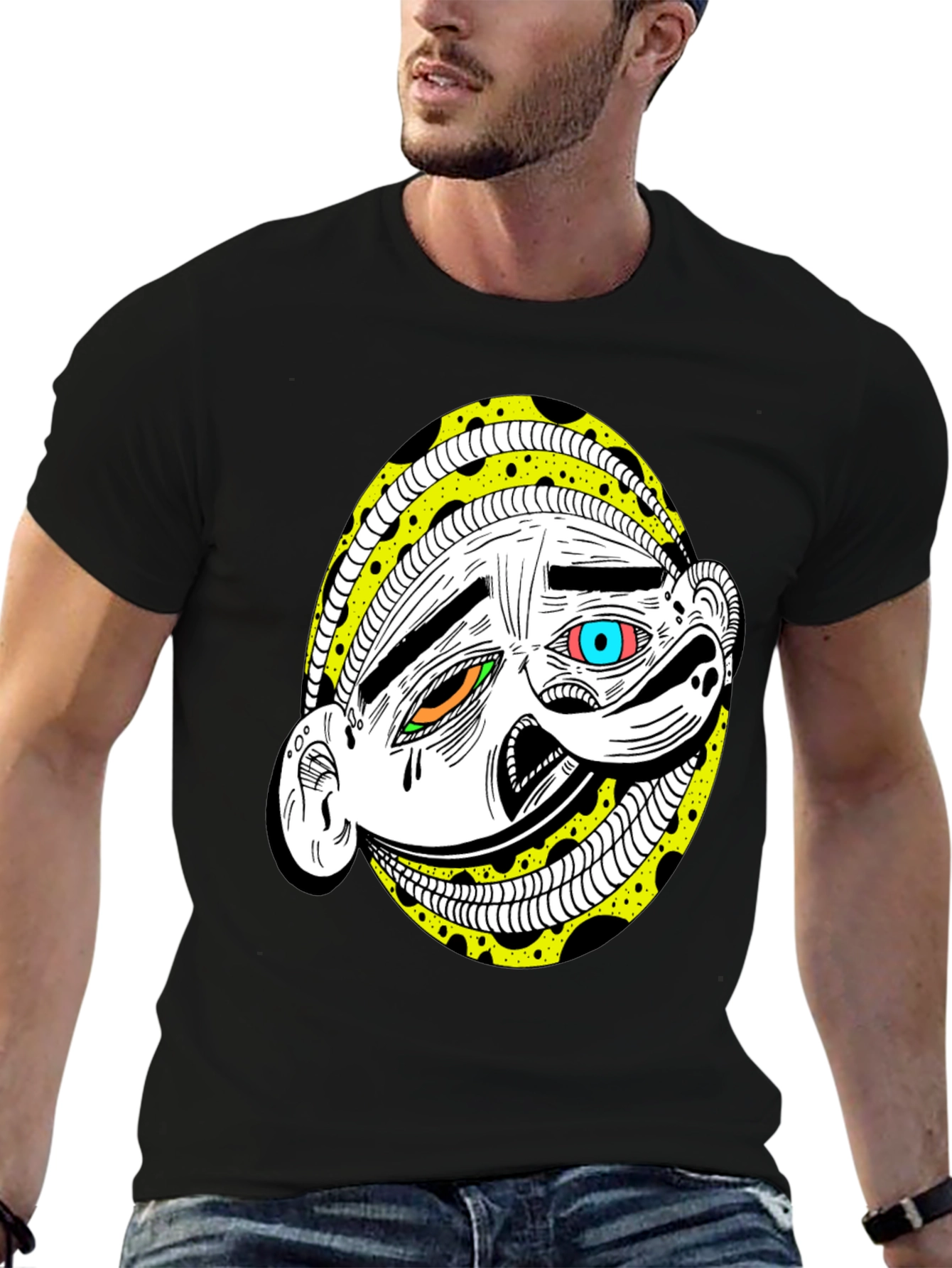 Abstract Cartoon Face Graphic Tee - Black