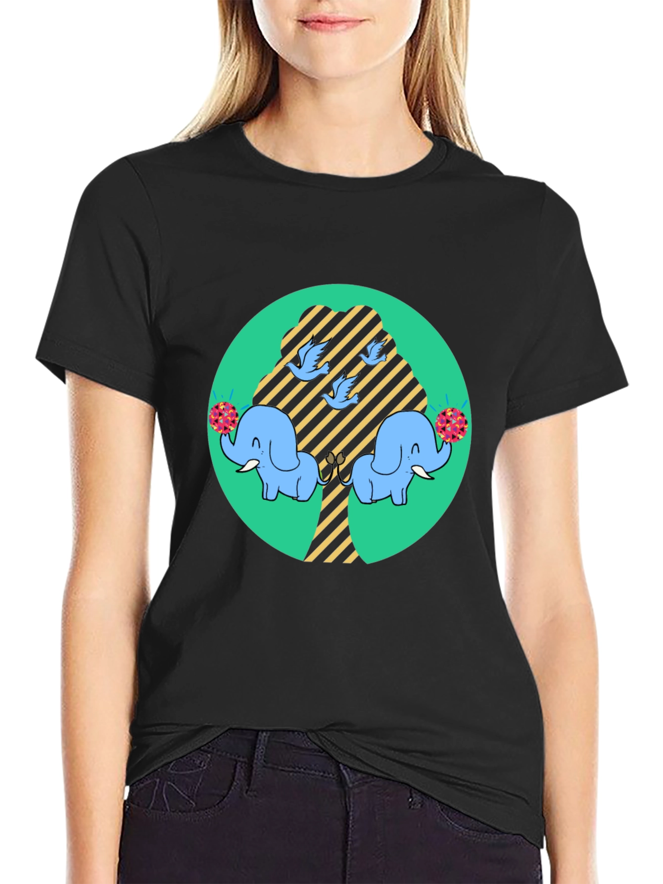 Cute Elephant Tree Graphic Tee - Black