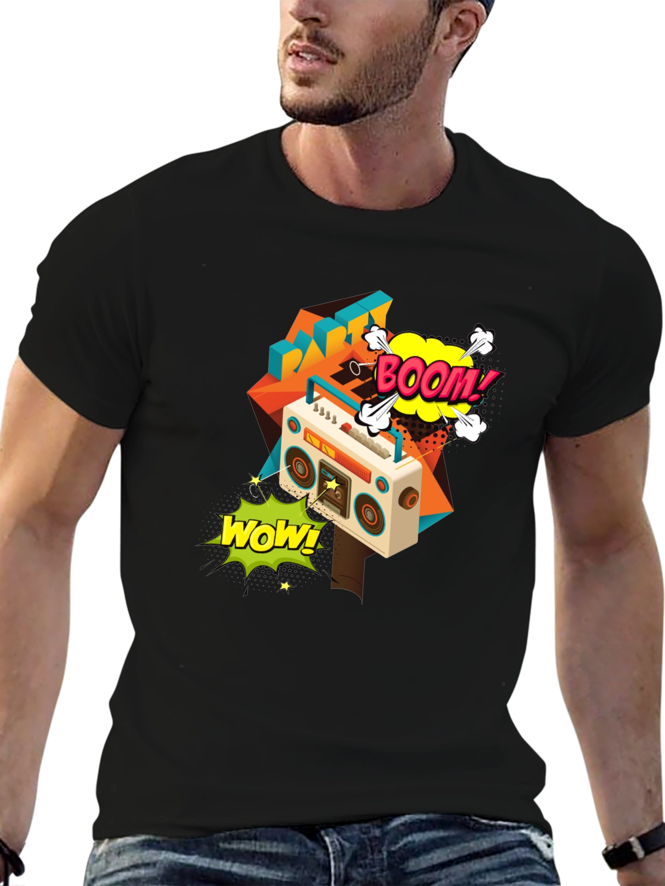 Retro Boombox Graphic Tee - Black Cotton T-Shirt