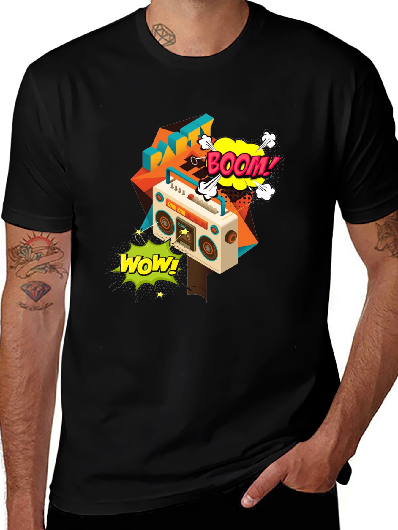 Retro Boombox Graphic Tee - Black Cotton T-Shirt