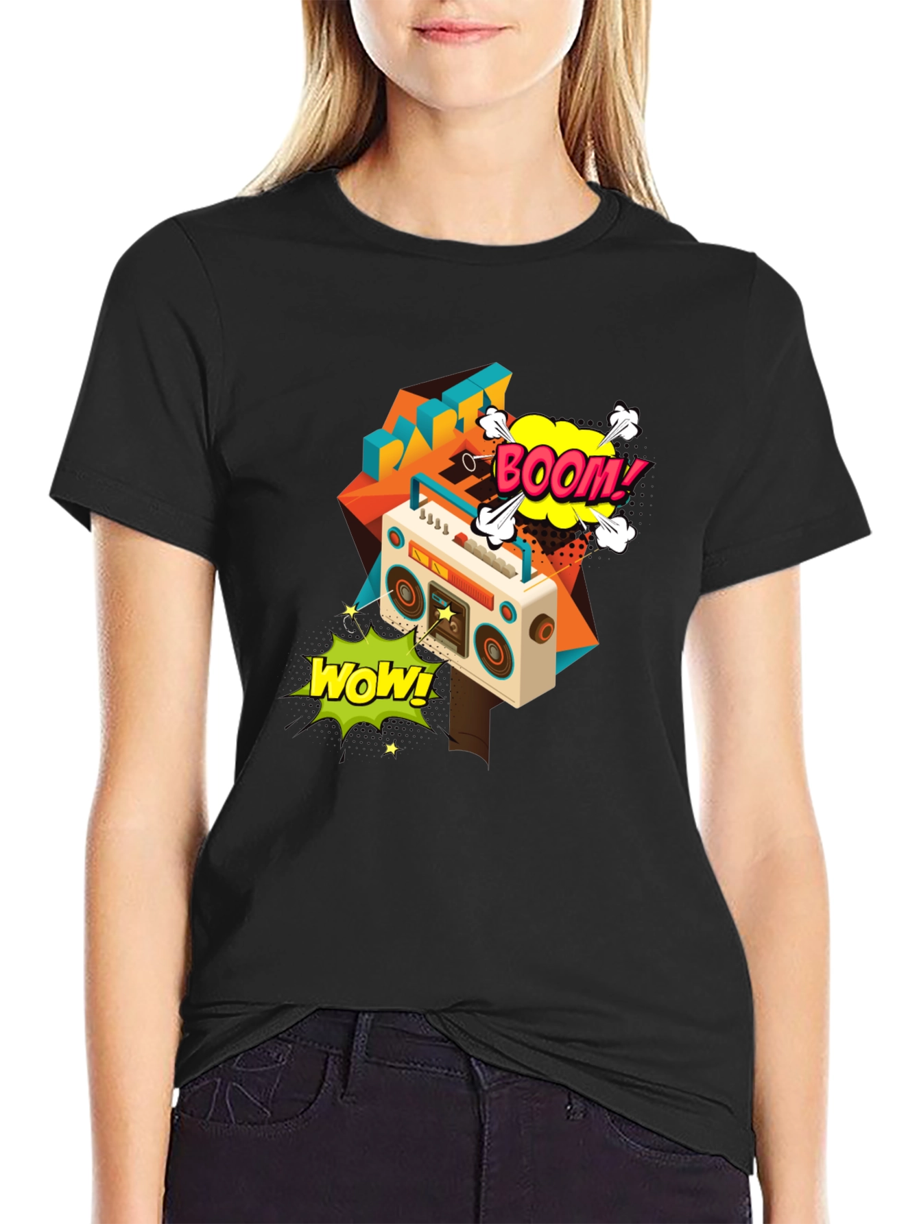 Retro Boombox Graphic Tee - Black Cotton T-Shirt