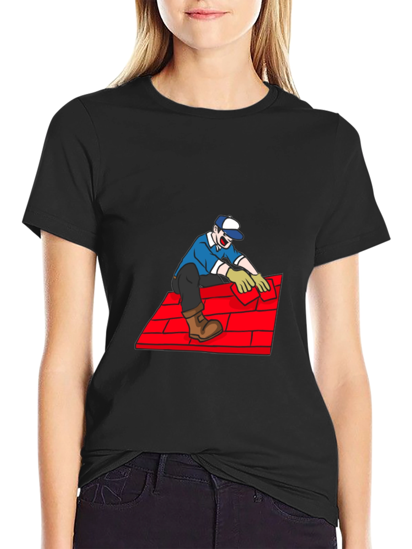 Roofer Cartoon Graphic Tee - Black