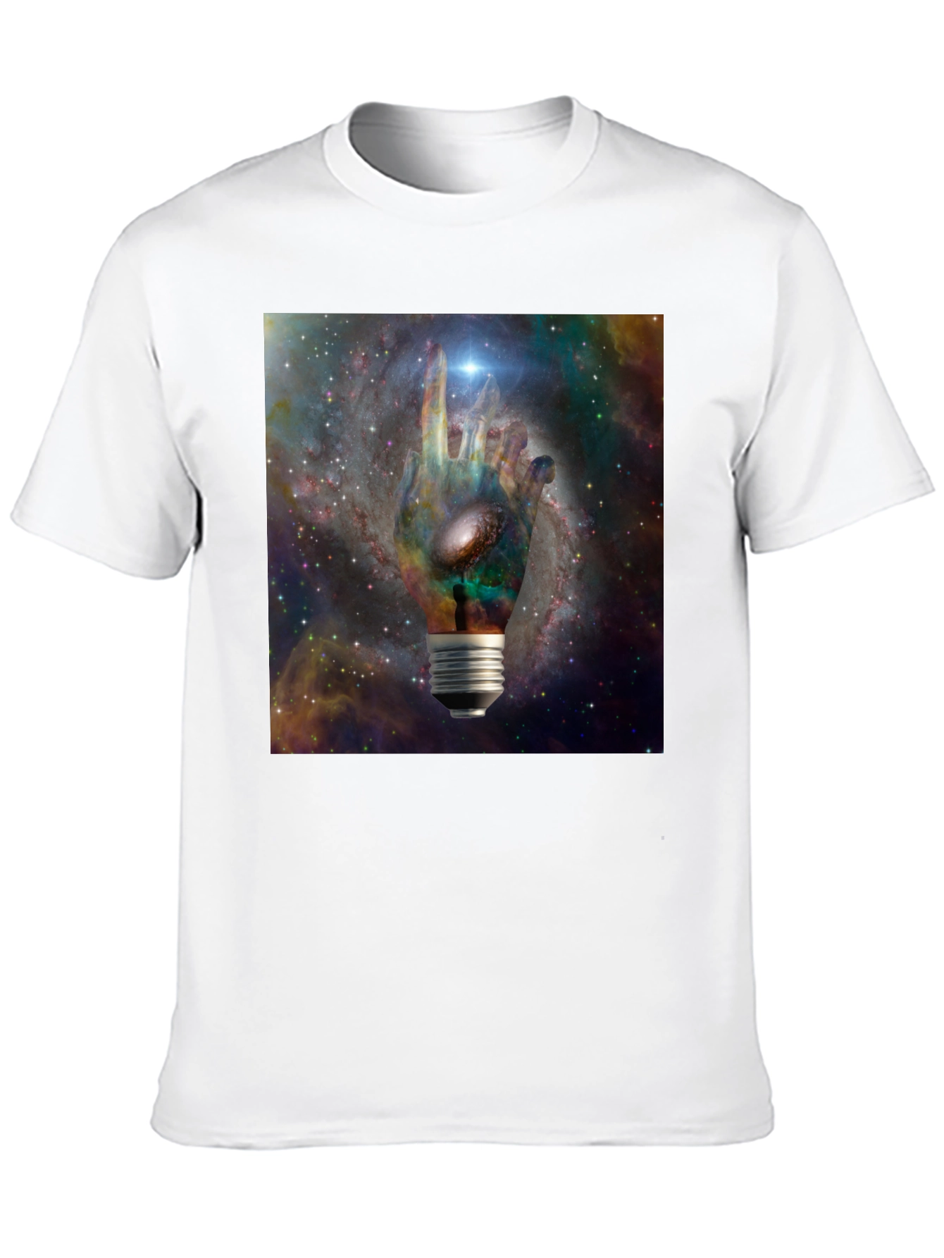 Cosmic Hand Lightbulb Design Black T-Shirt