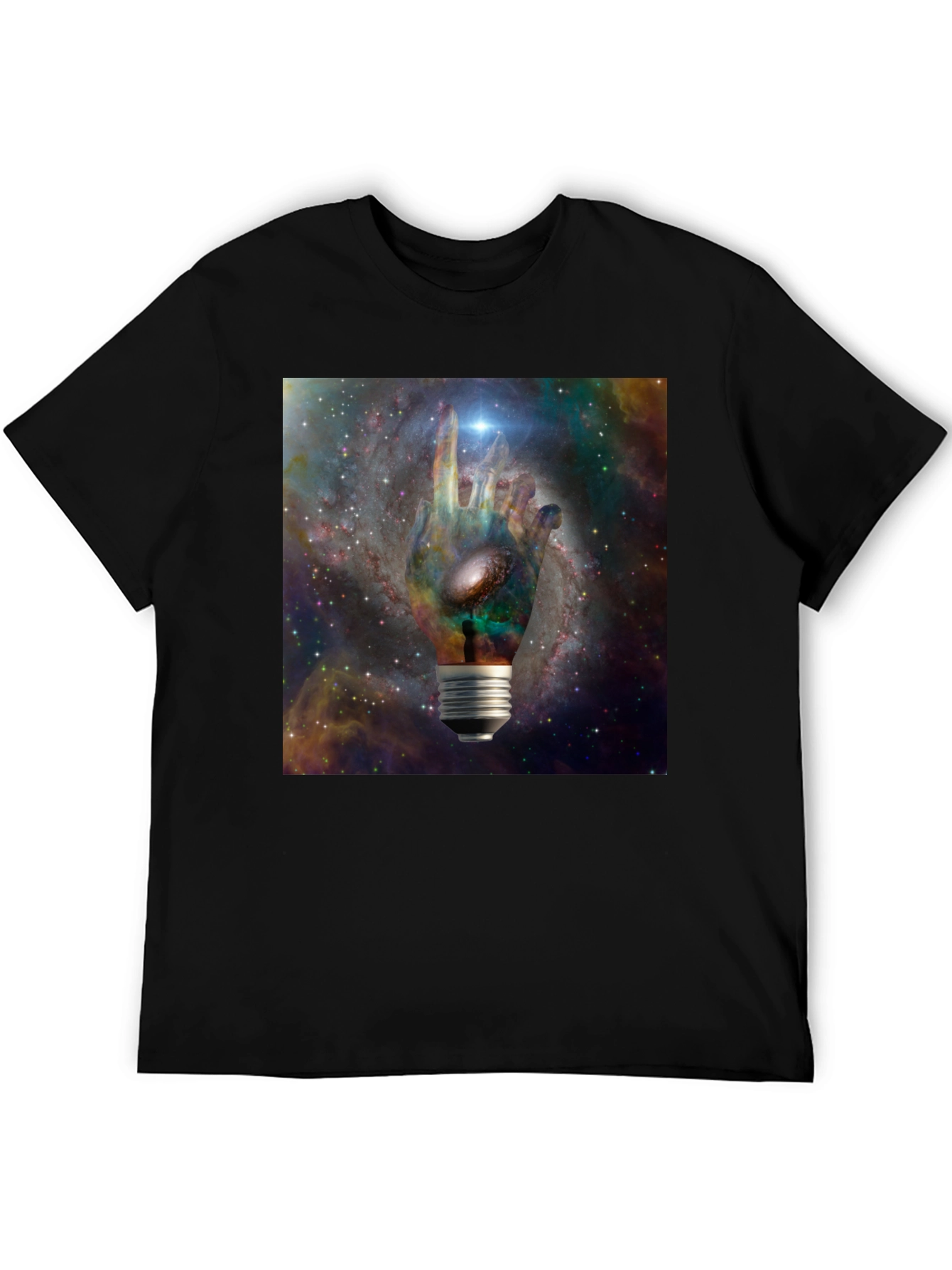 Cosmic Hand Lightbulb Design Black T-Shirt