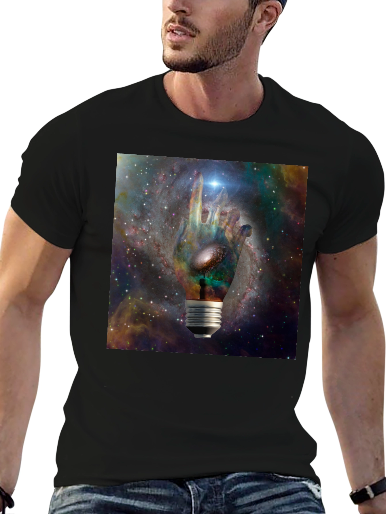 Cosmic Hand Lightbulb Design Black T-Shirt