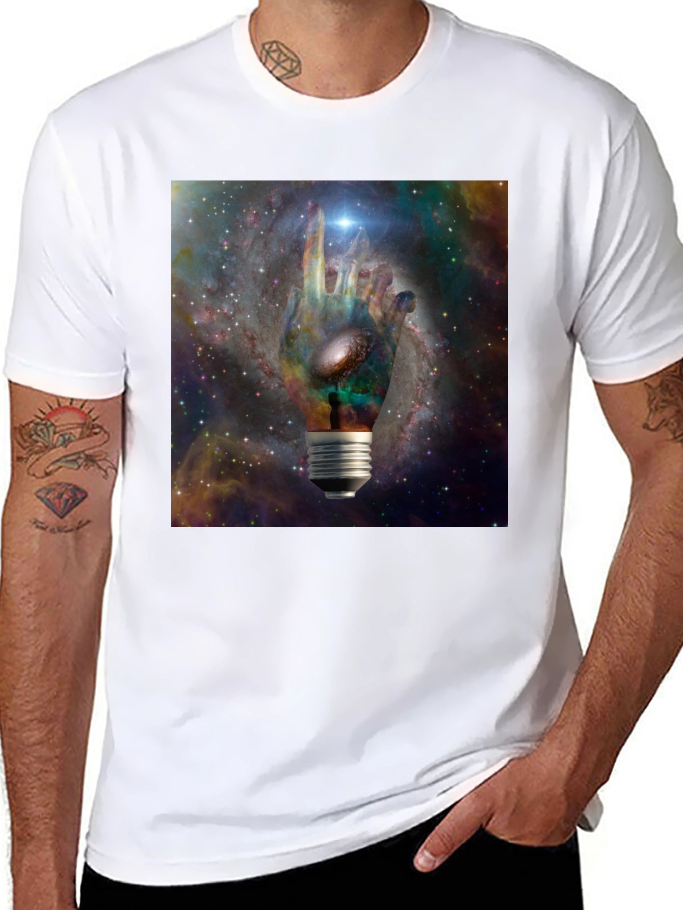 Cosmic Hand Lightbulb Design Black T-Shirt
