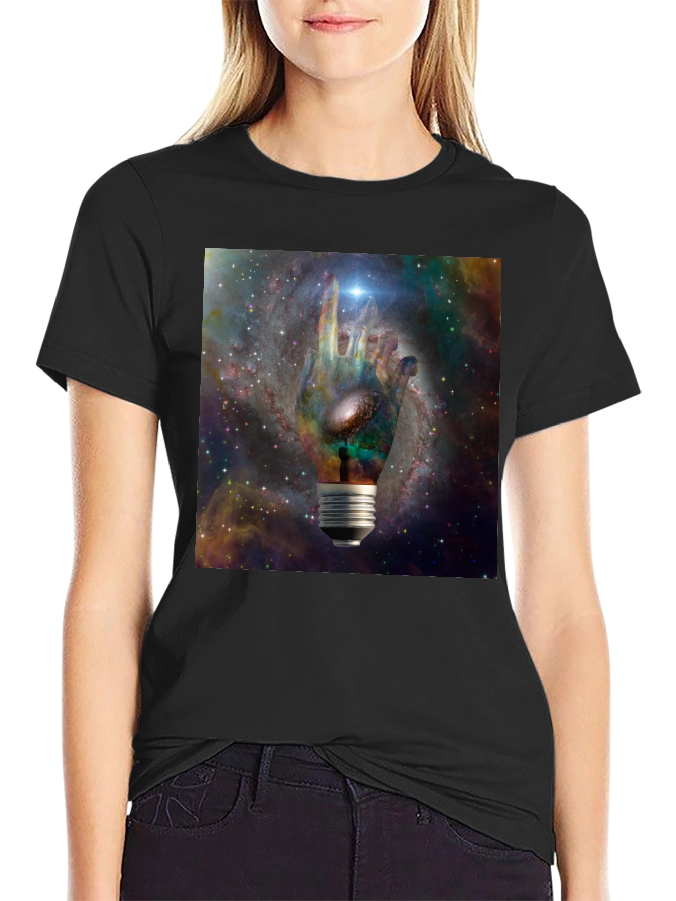 Cosmic Hand Lightbulb Design Black T-Shirt