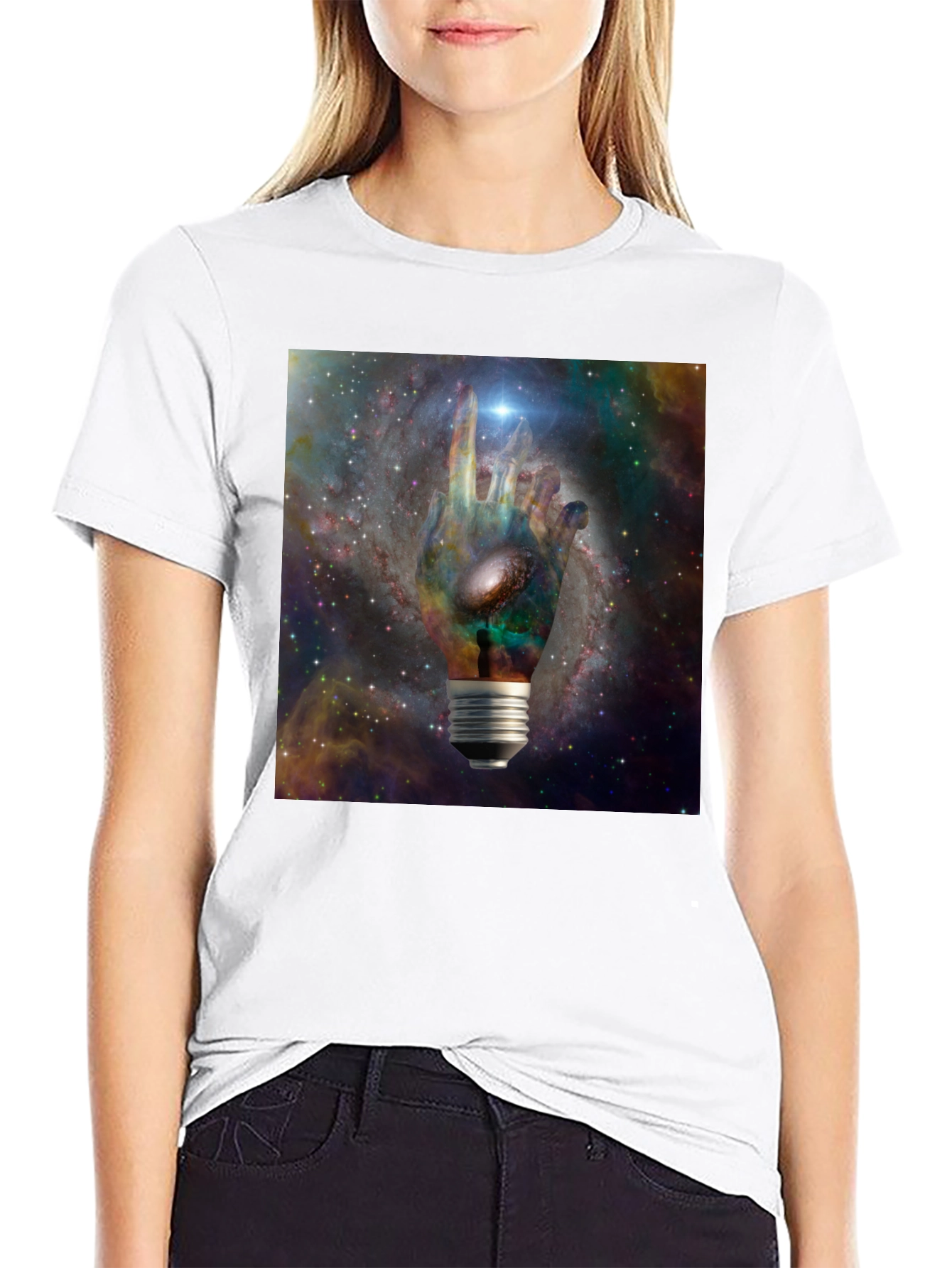 Cosmic Hand Lightbulb Design Black T-Shirt