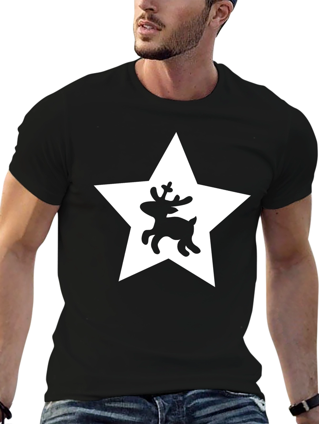 Festive Reindeer Star Graphic Tee - Black