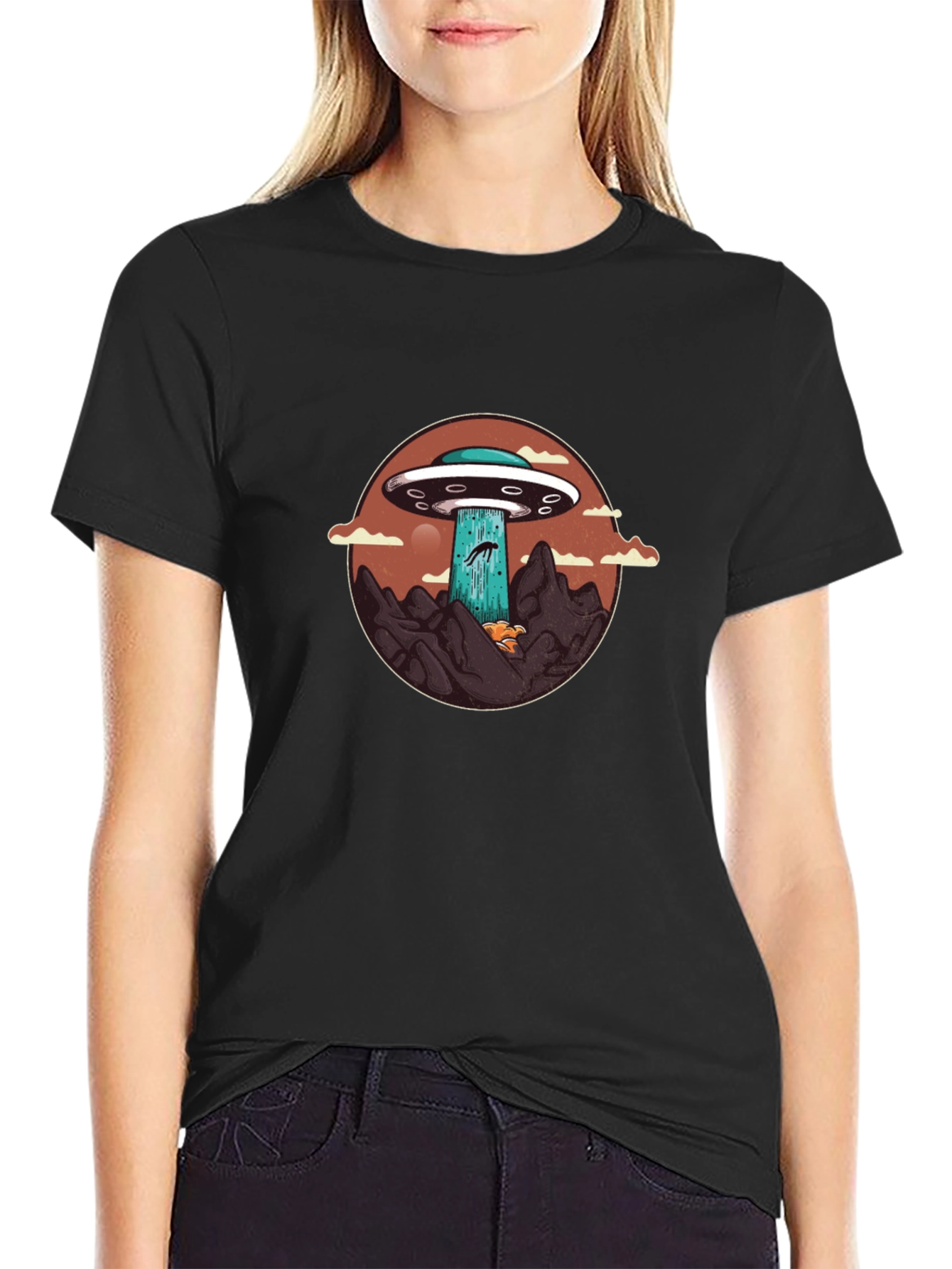 UFO Abduction Graphic Tee - Black Cotton Blend