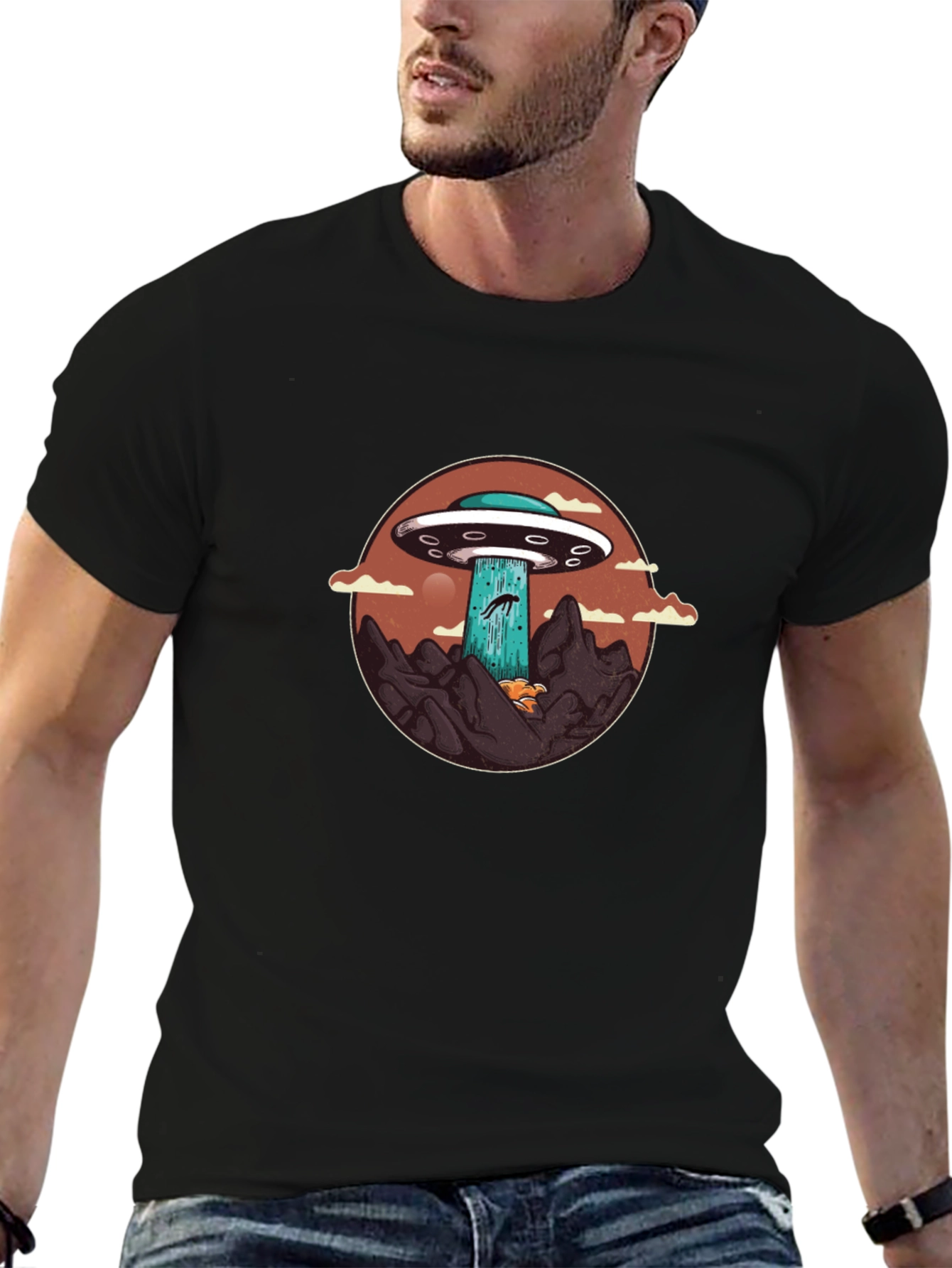 UFO Abduction Graphic Tee - Black Cotton Blend
