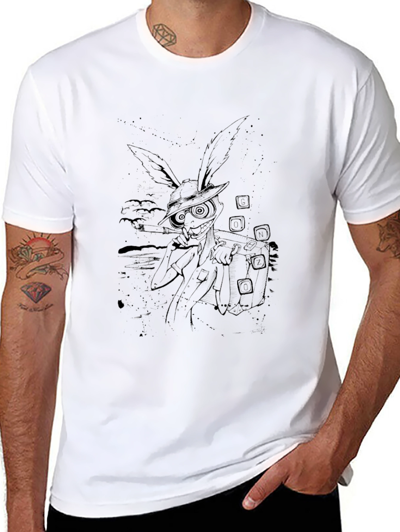 Mens Black T-Shirt with Rabbit Graphic