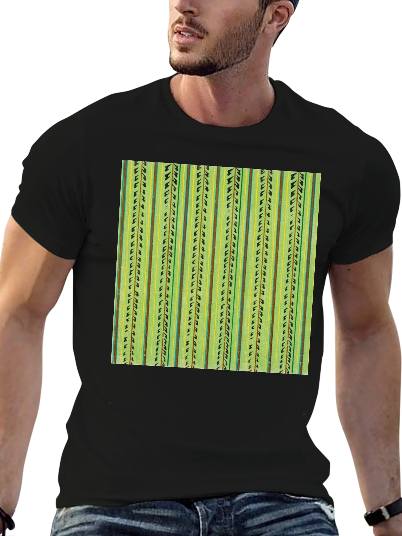 Striped Cactus Print Black Tee