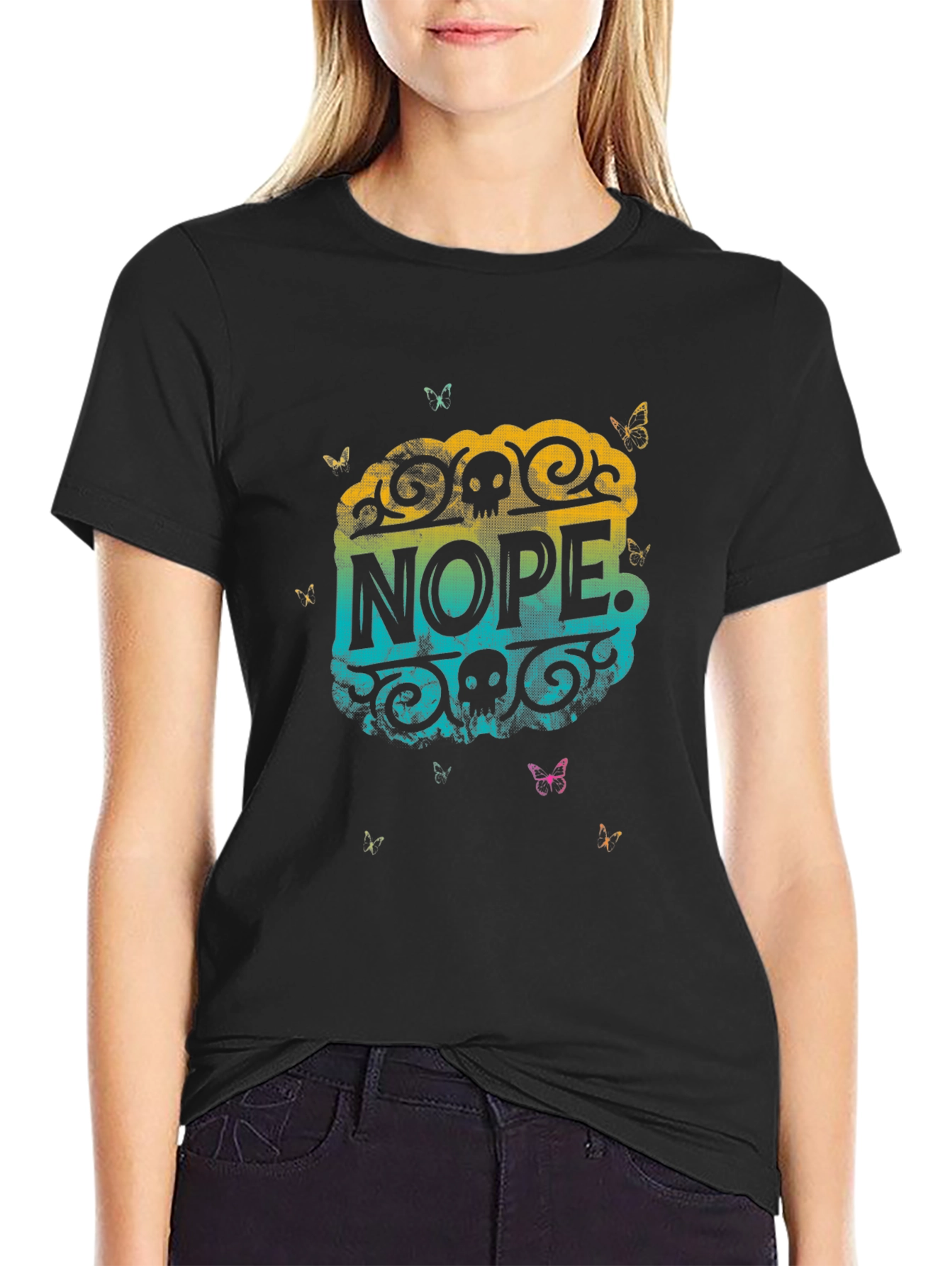 Nope Skull Butterfly Graphic Tee - Black