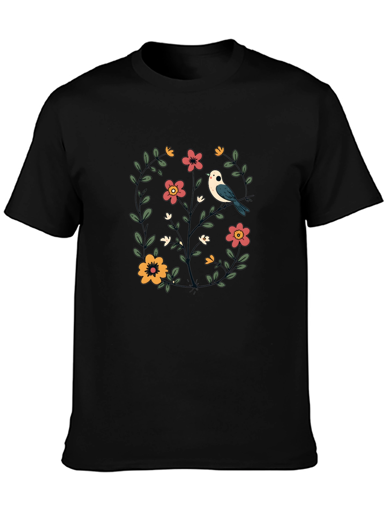 Floral Bird Graphic Black T-Shirt