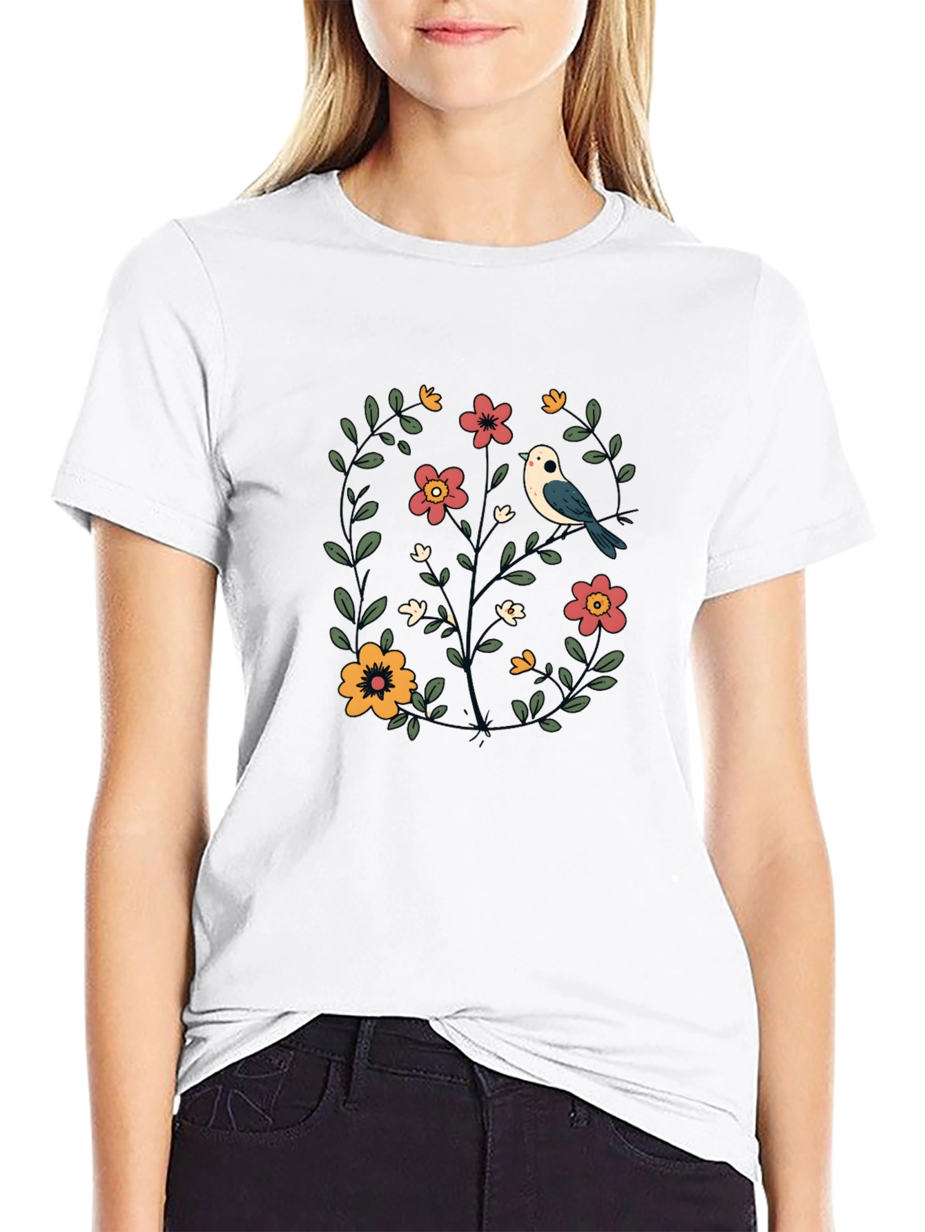 Floral Bird Graphic Black T-Shirt