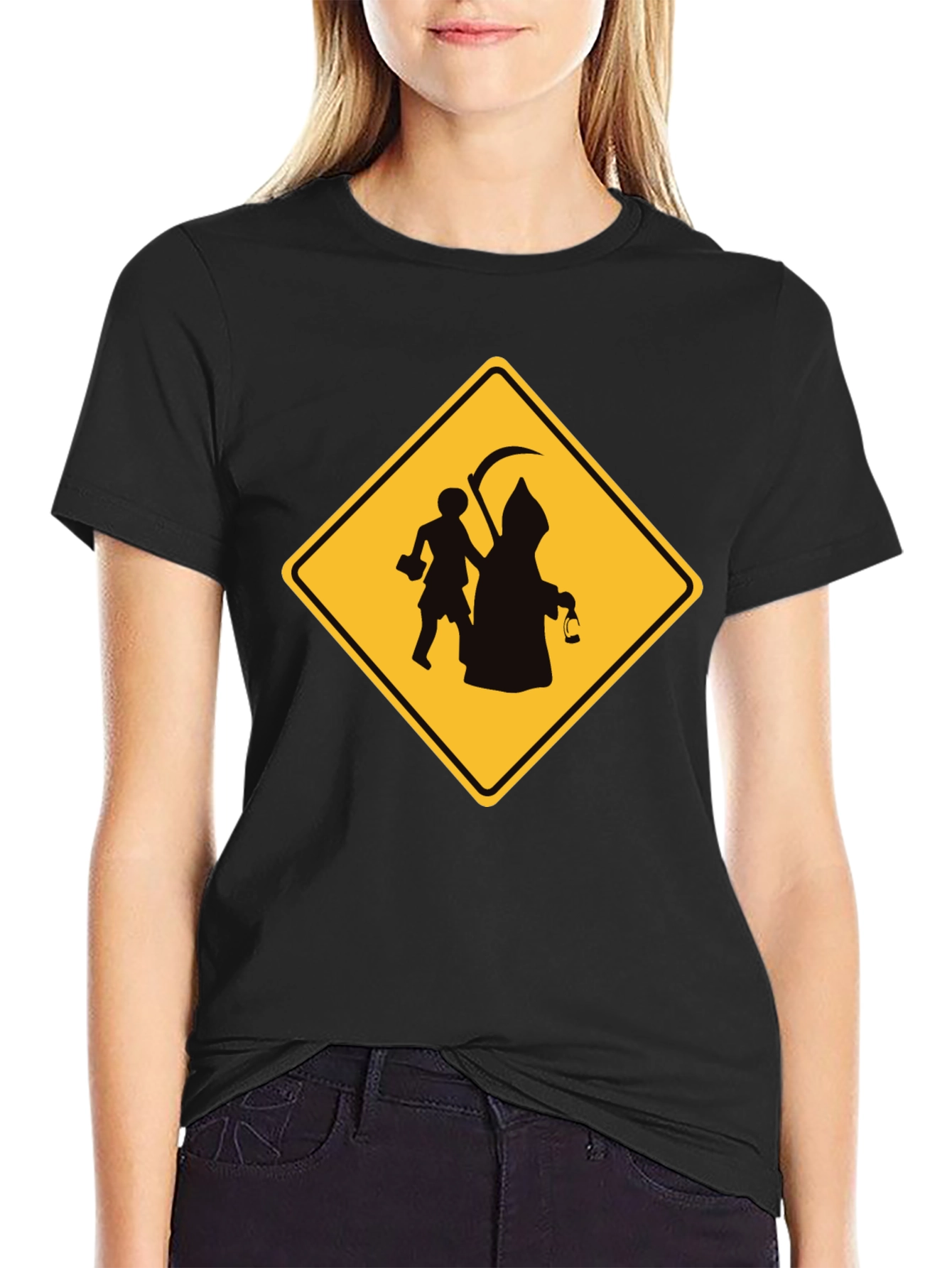 Grim Reaper Crossing Funny Black T-Shirt