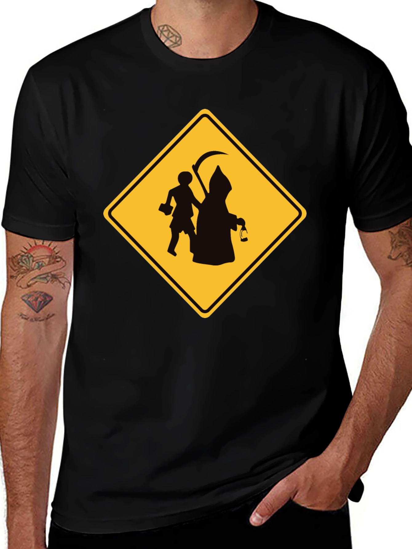 Grim Reaper Crossing Funny Black T-Shirt