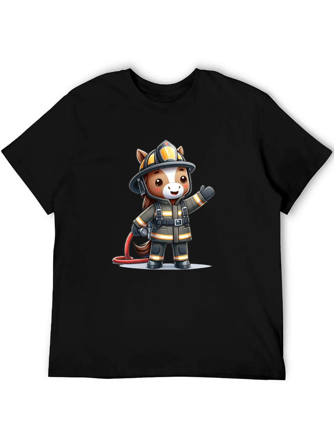 Cartoon Firefighter Horse Black T-Shirt