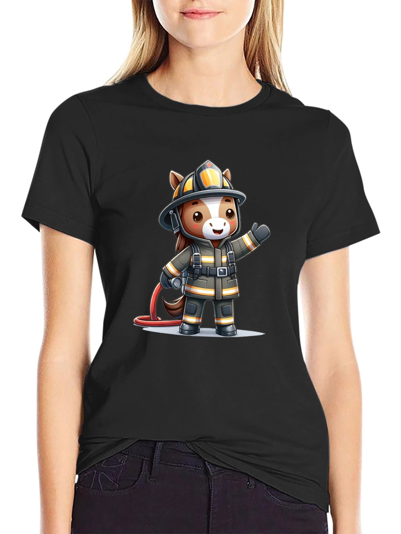 Cartoon Firefighter Horse Black T-Shirt