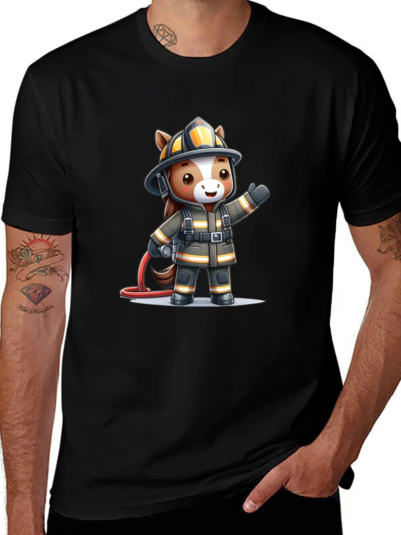 Cartoon Firefighter Horse Black T-Shirt