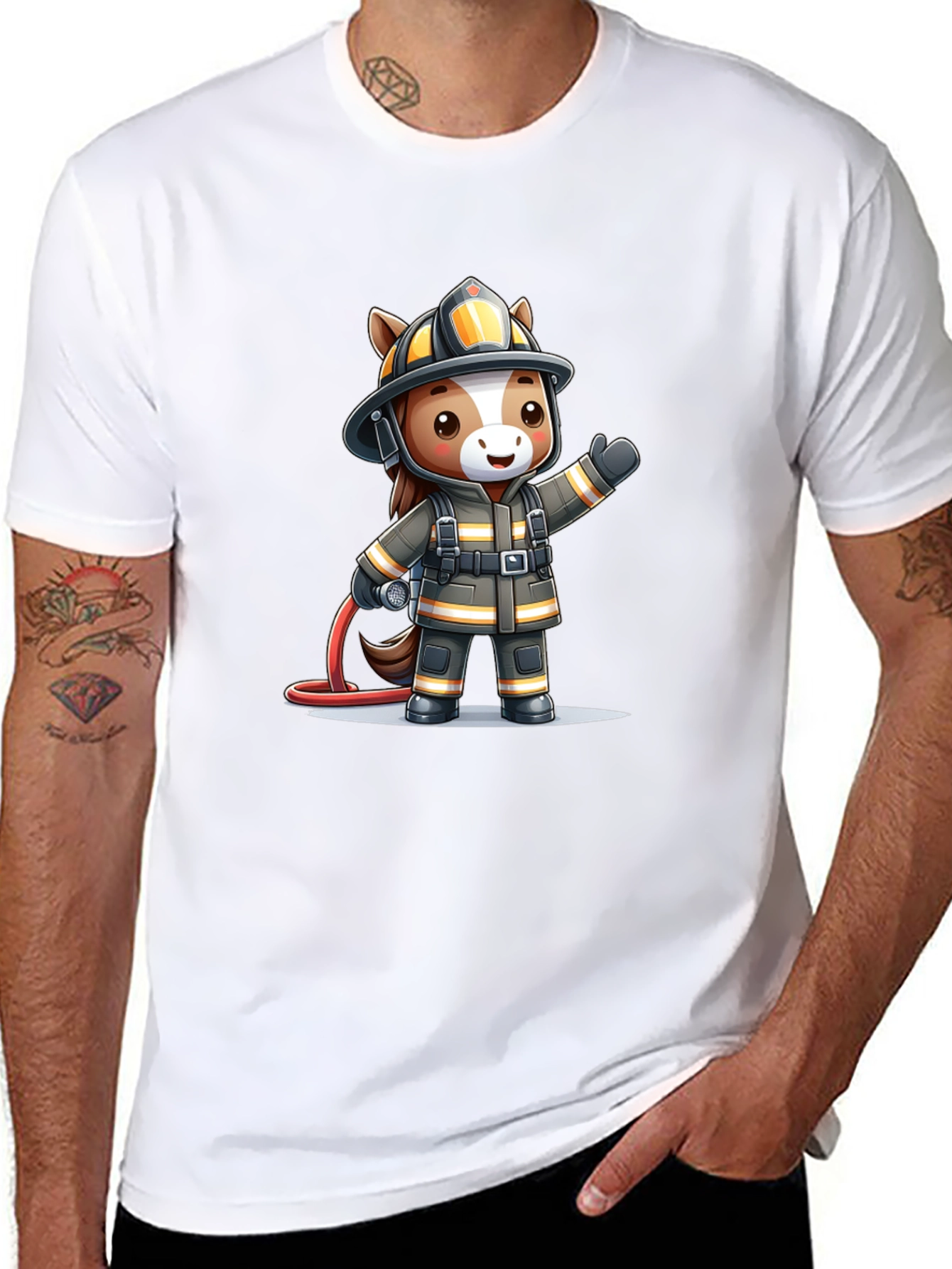 Cartoon Firefighter Horse Black T-Shirt