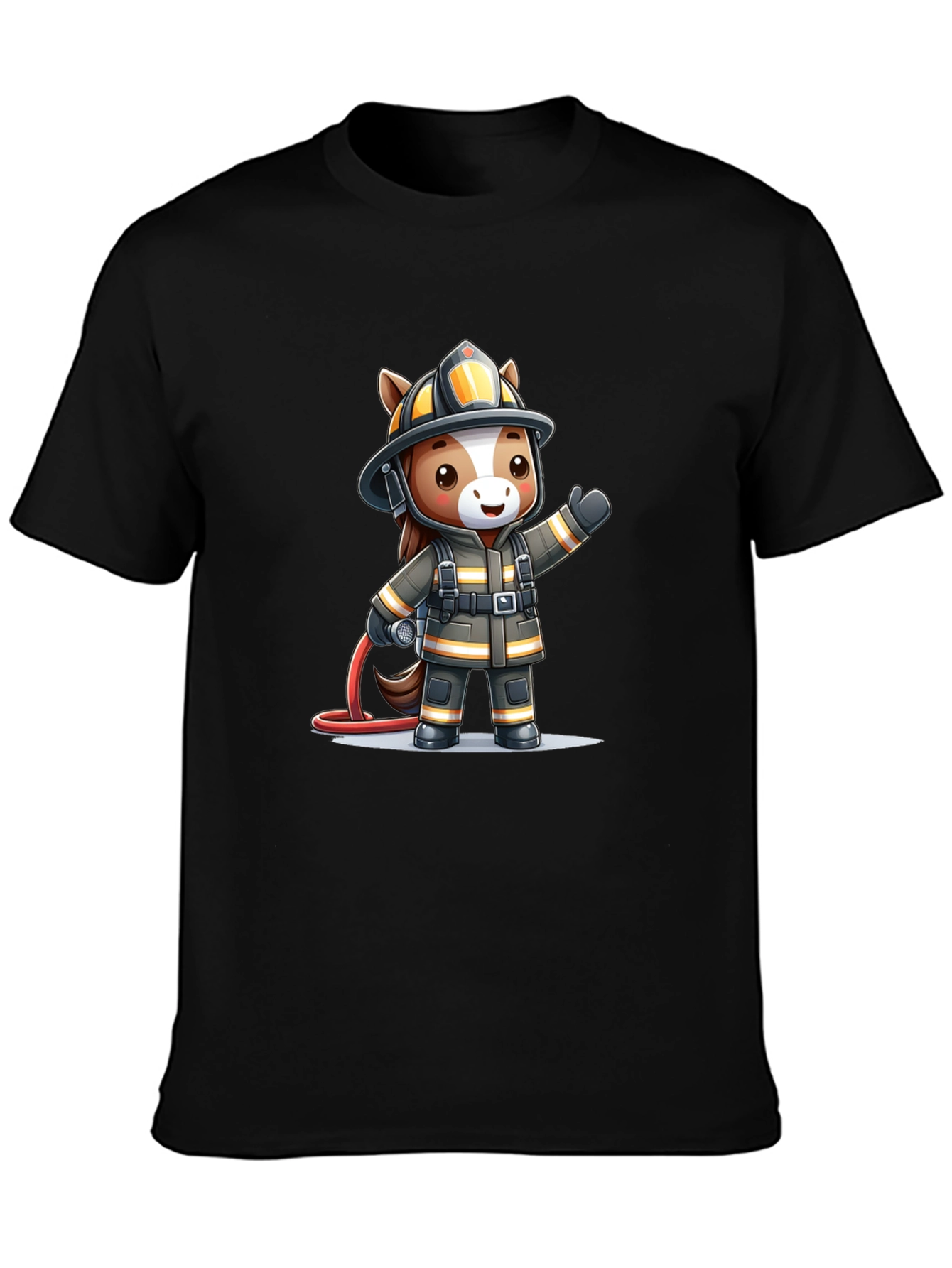 Cartoon Firefighter Horse Black T-Shirt