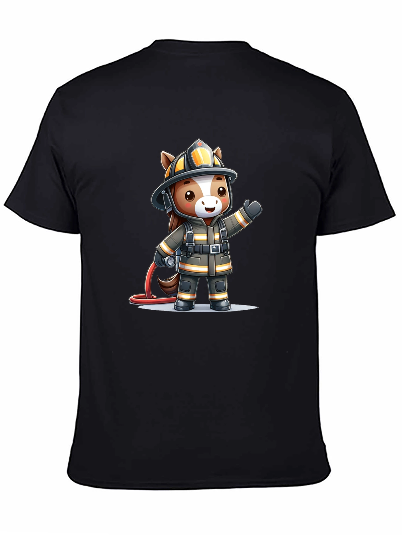 Cartoon Firefighter Horse Black T-Shirt