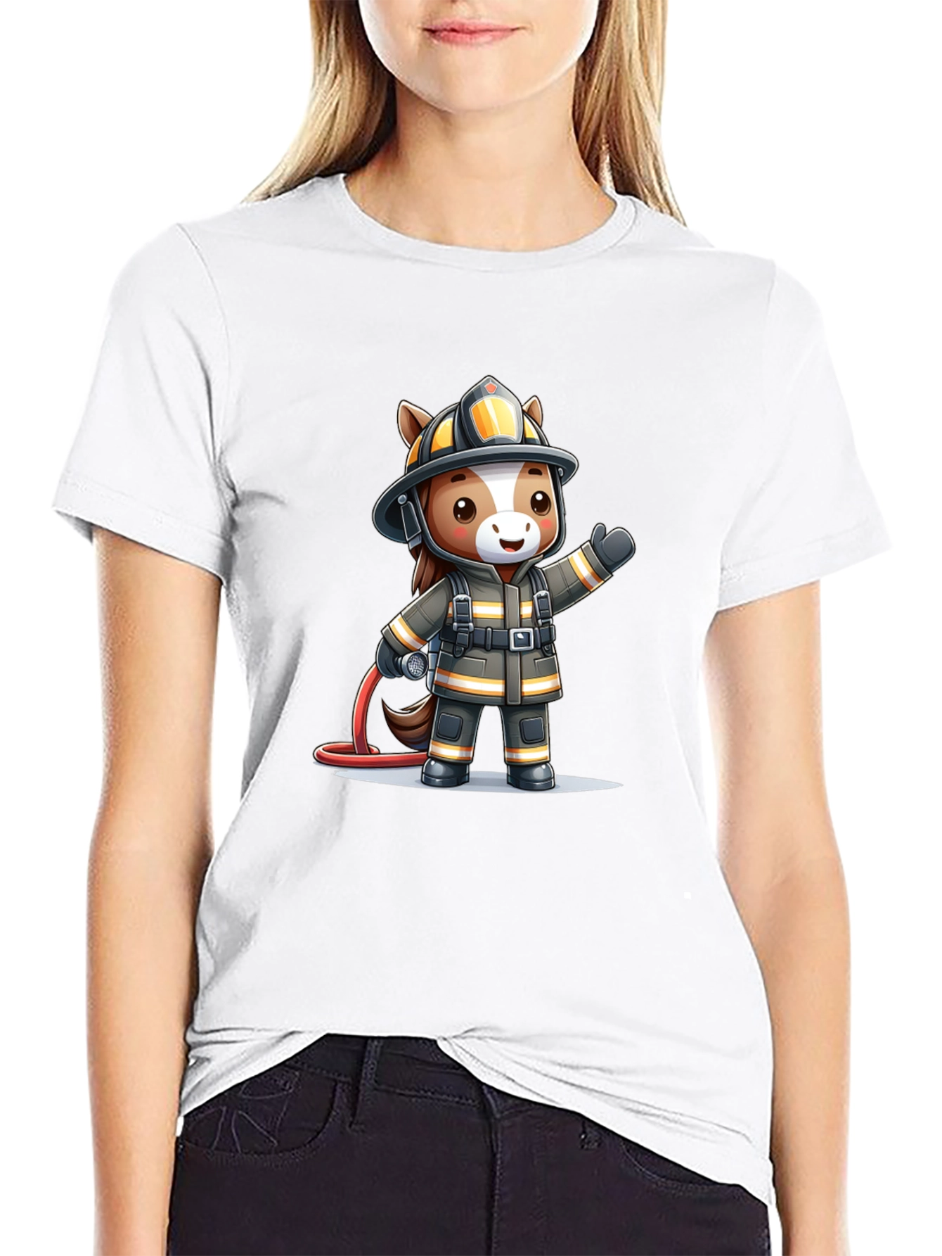 Cartoon Firefighter Horse Black T-Shirt