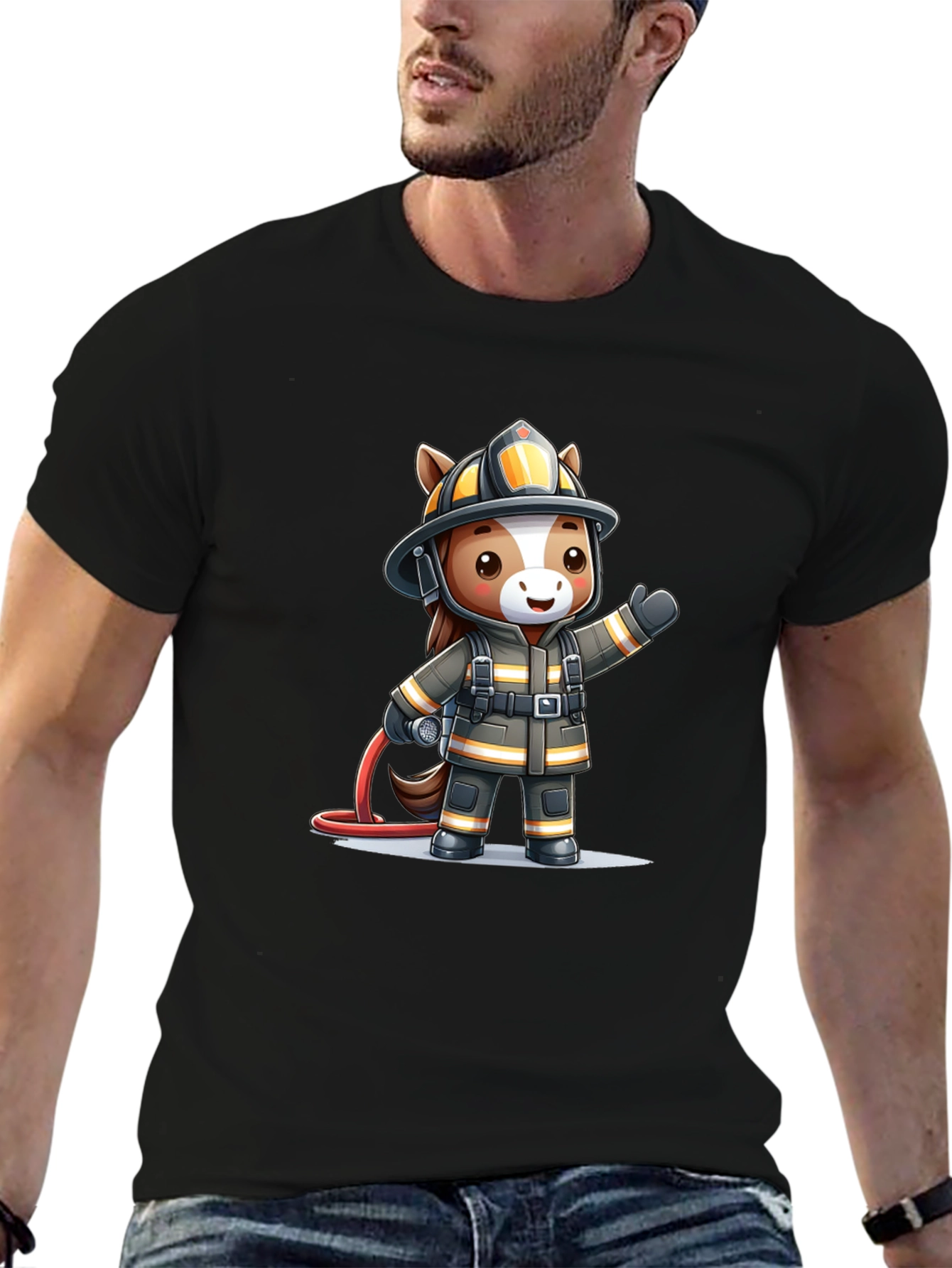 Cartoon Firefighter Horse Black T-Shirt