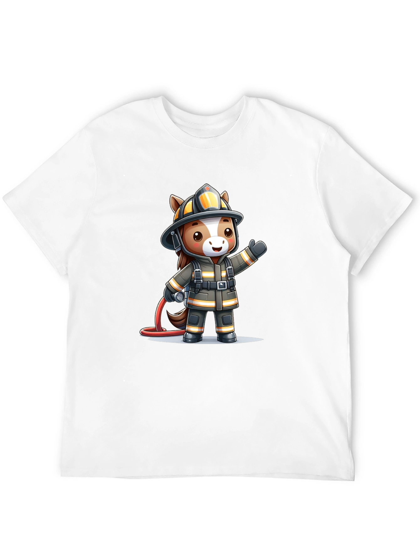 Cartoon Firefighter Horse Black T-Shirt