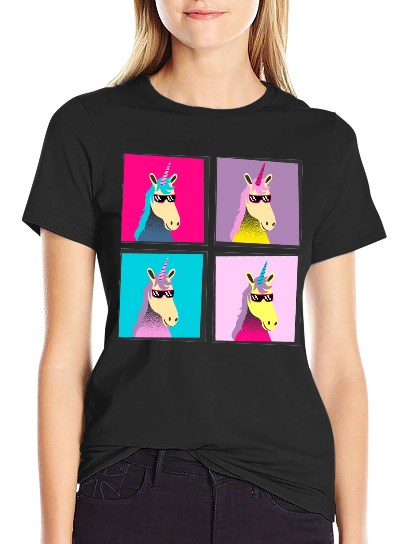 Unicorn Pop Art Graphic Black T-Shirt