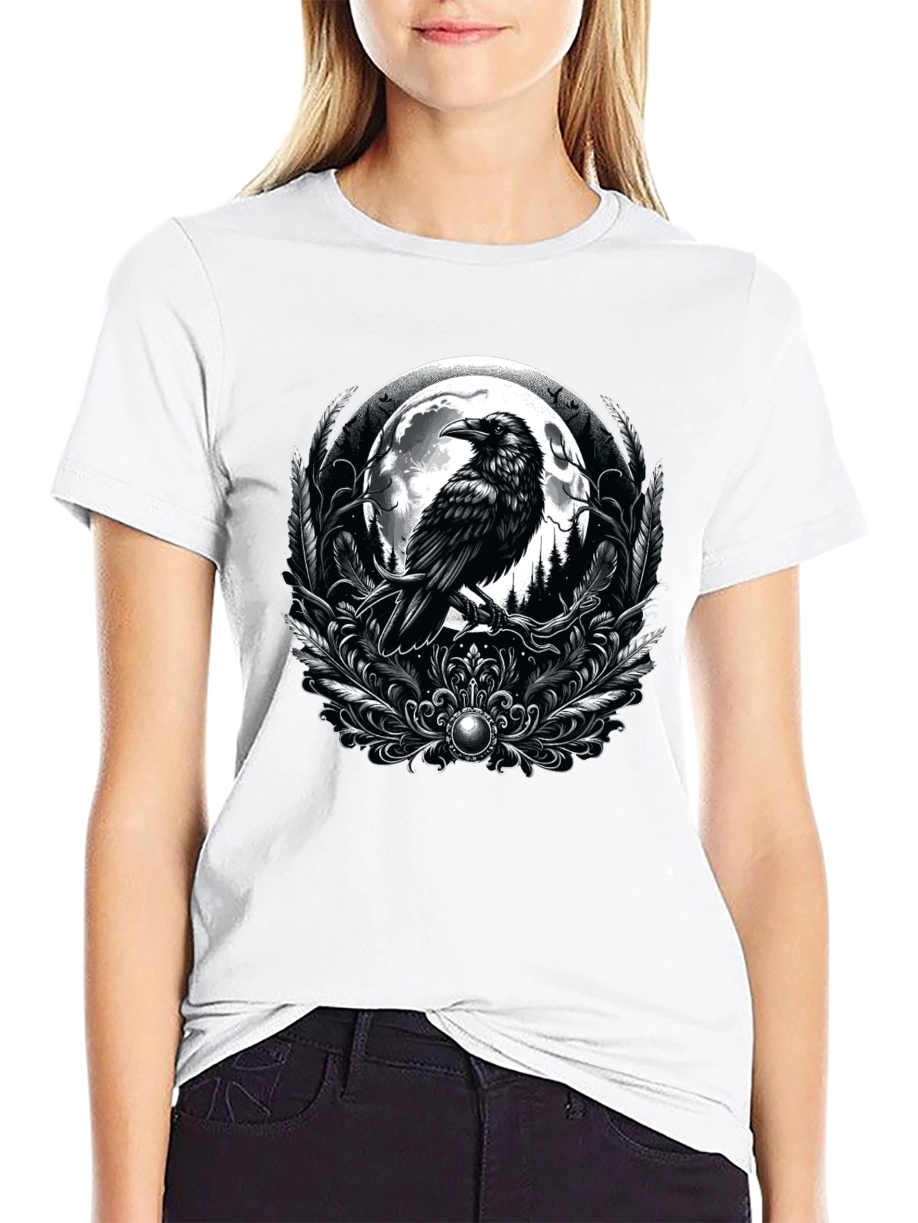 Raven Moon Graphic Tee - Gothic Style Black T-Shirt