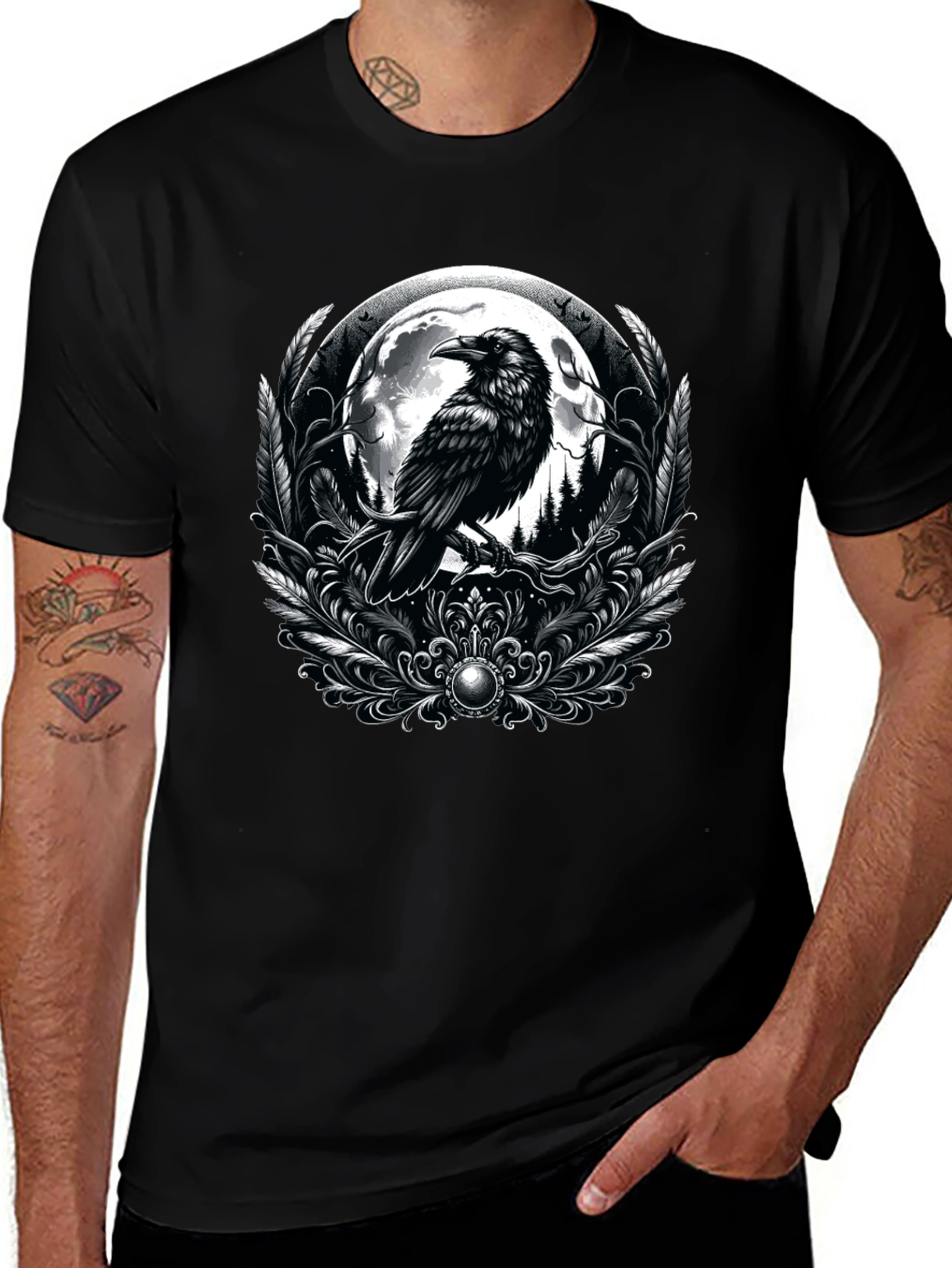 Raven Moon Graphic Tee - Gothic Style Black T-Shirt