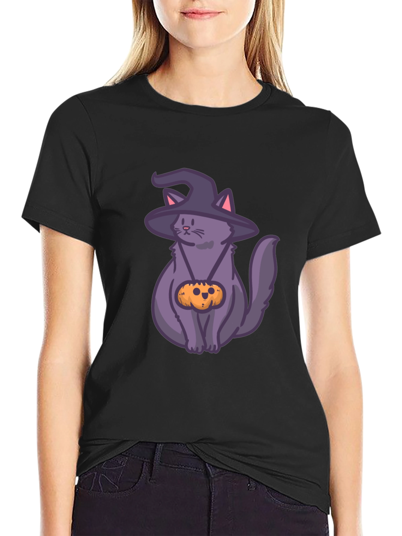 Halloween Cat T-Shirt with Witch Hat & Pumpkin
