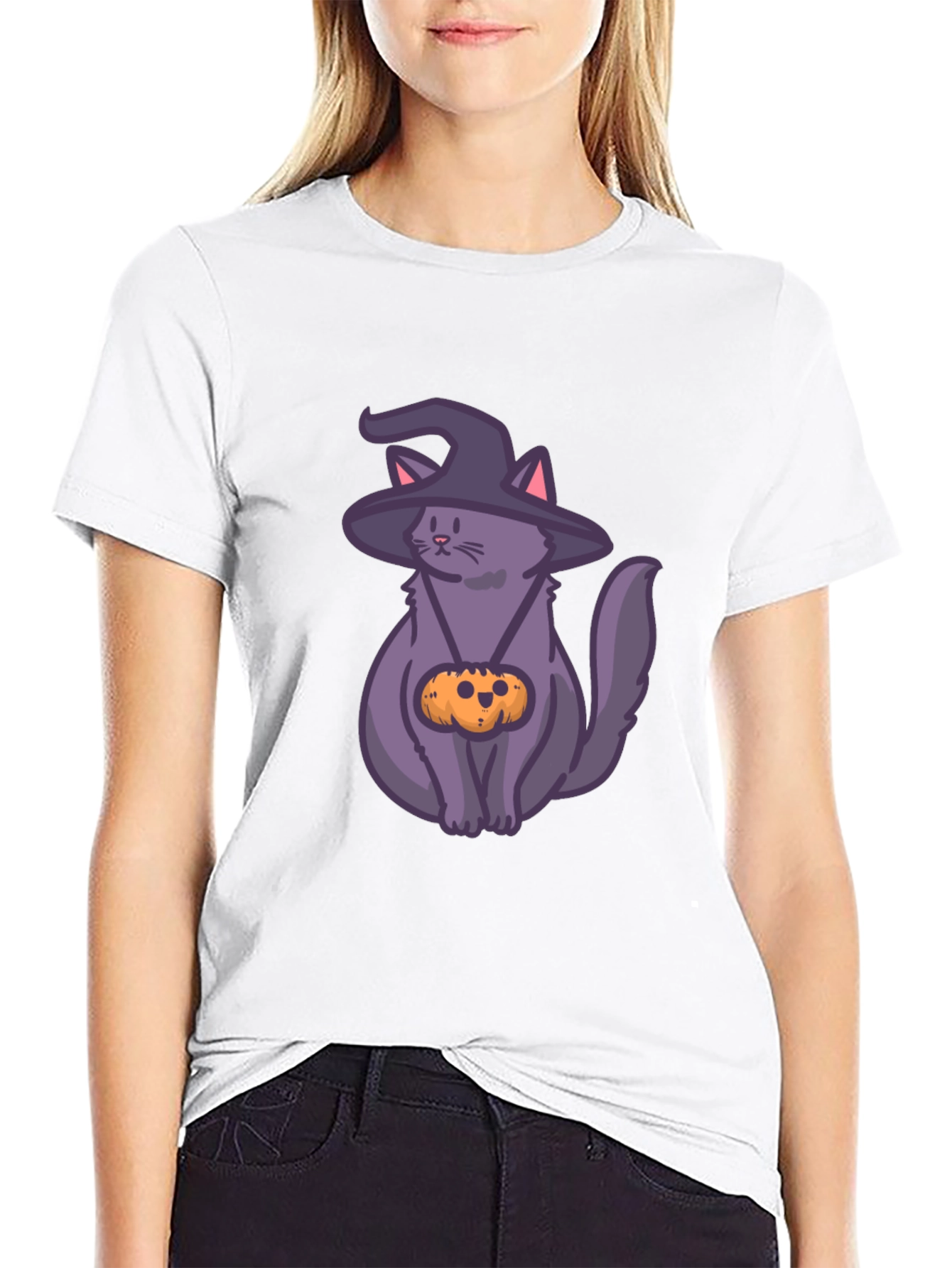 Halloween Cat T-Shirt with Witch Hat & Pumpkin